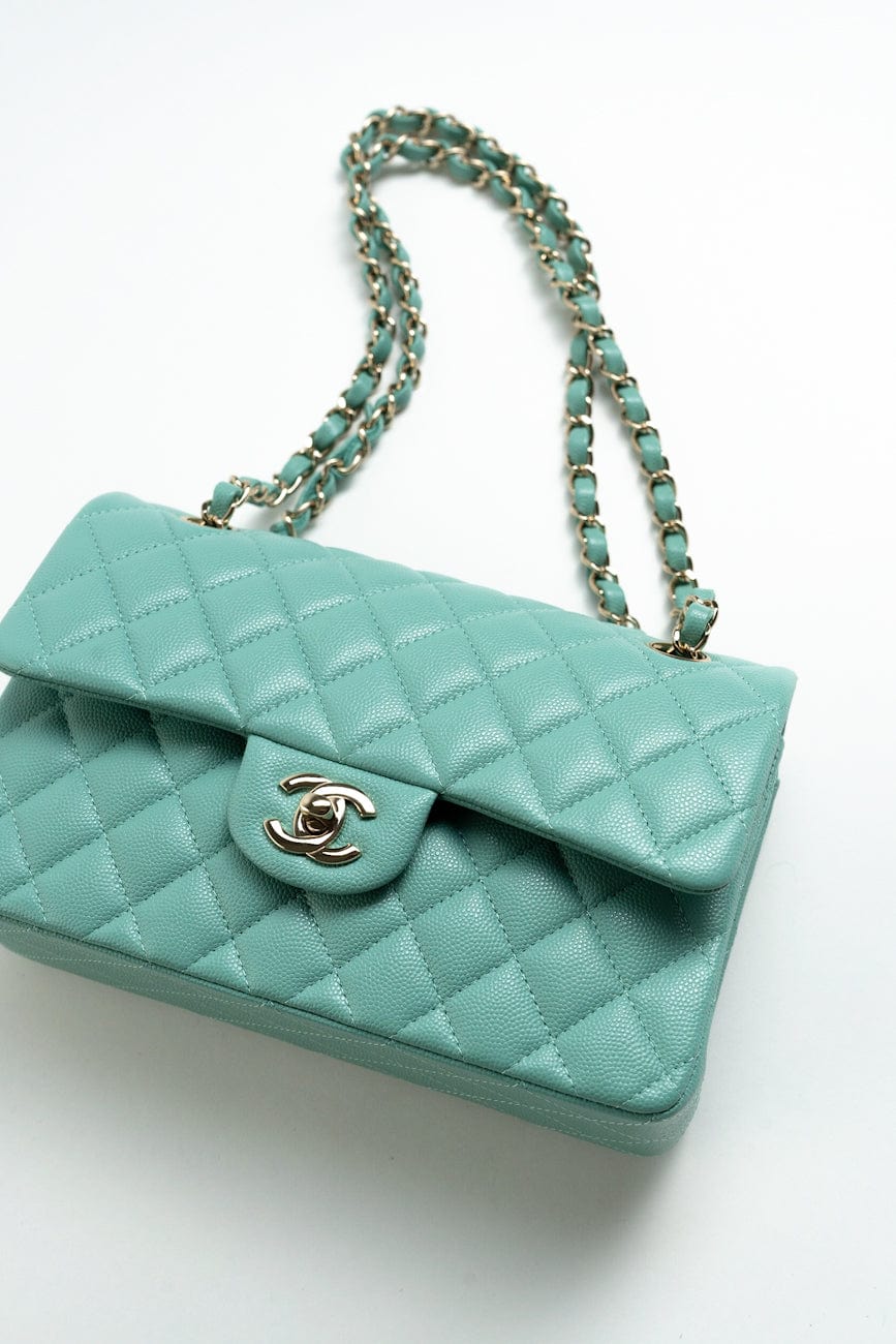 21S Tiffany Blue Caviar Quilted Classic Flap Small SHW