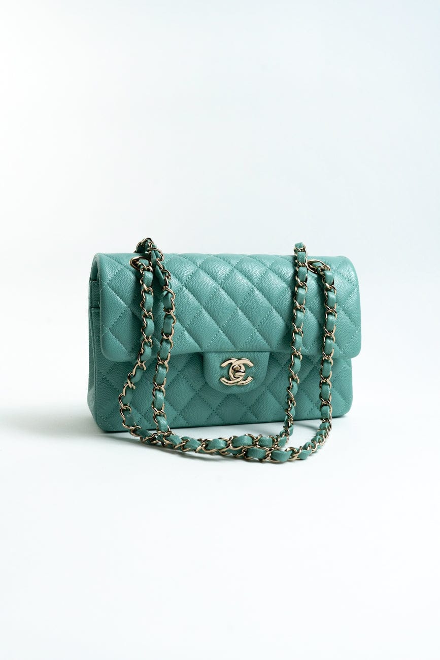 21S Tiffany Blue Caviar Quilted Classic Flap Small SHW