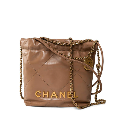 Dark Beige Calfskin Quilted Mini 22 Hobo Bag Antique Gold Hardware