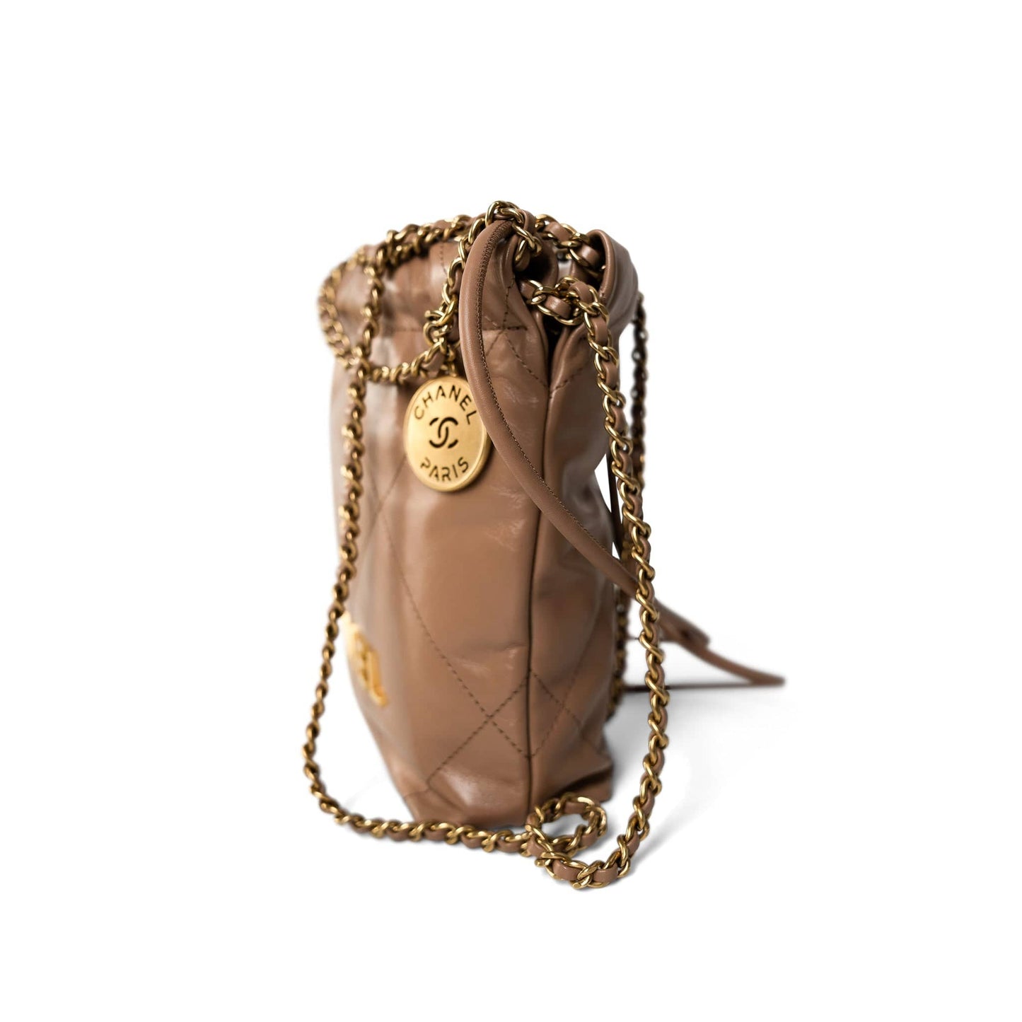 Dark Beige Calfskin Quilted Mini 22 Hobo Bag Antique Gold Hardware