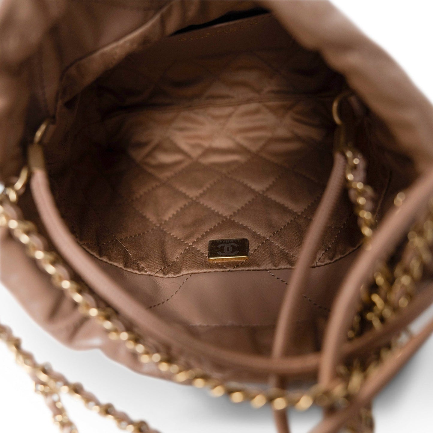 Dark Beige Calfskin Quilted Mini 22 Hobo Bag Antique Gold Hardware