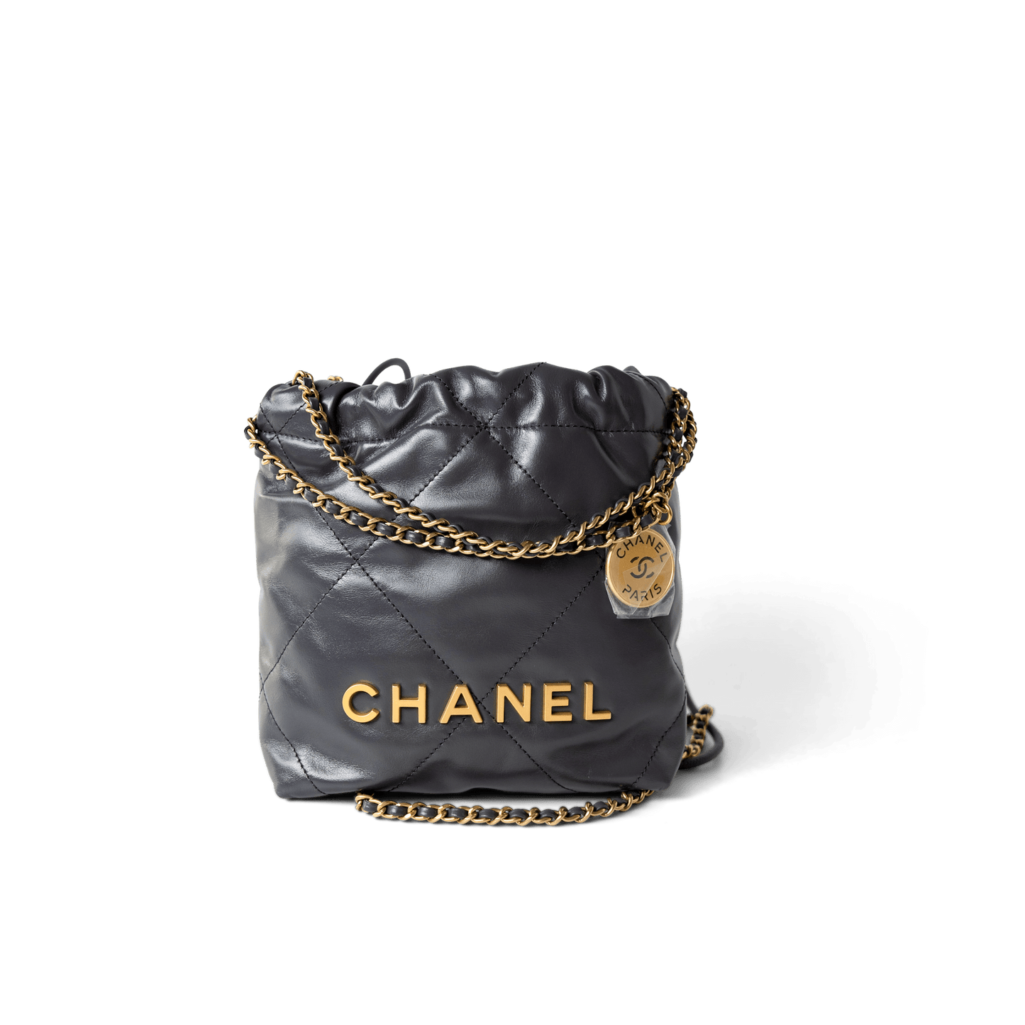 23B Dark Grey Calfskin Quilted Mini 22 Bag Antique Gold Hardware