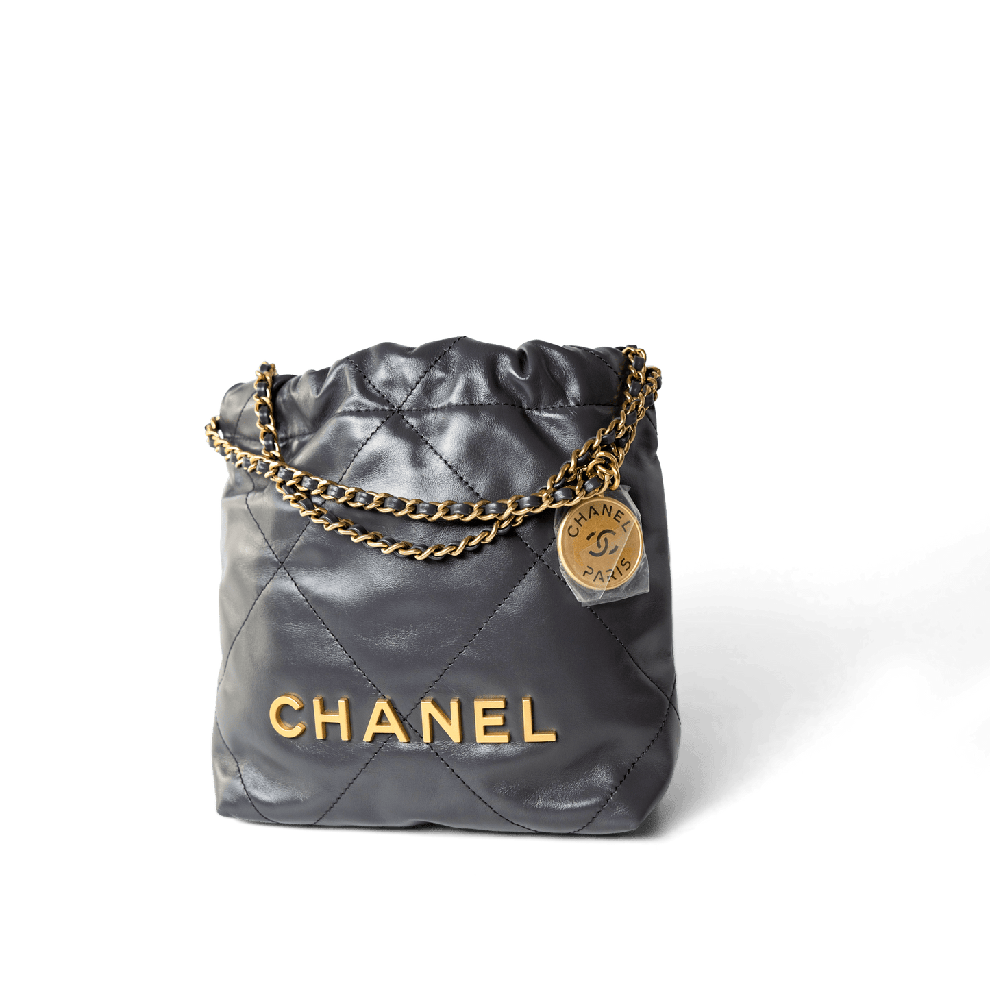 23B Dark Grey Calfskin Quilted Mini 22 Bag Antique Gold Hardware