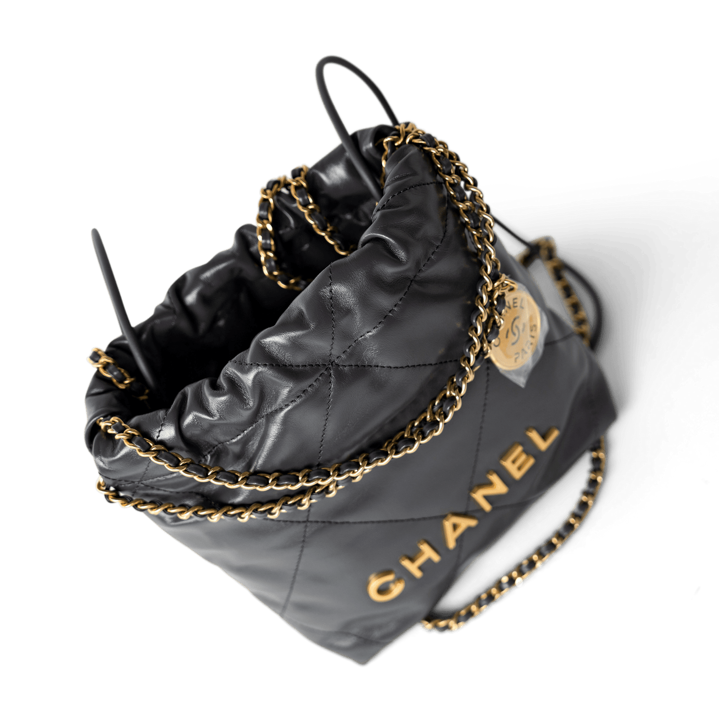 23B Dark Grey Calfskin Quilted Mini 22 Bag Antique Gold Hardware