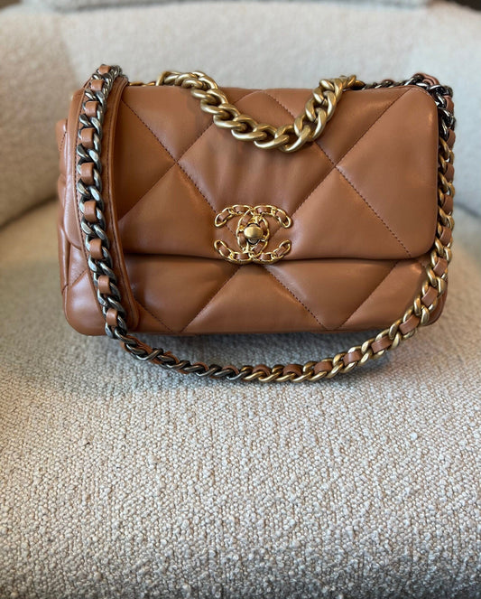 22A Caramel/Light Brown Lambskin Quilted 19 Flap Small Mixed Hardware