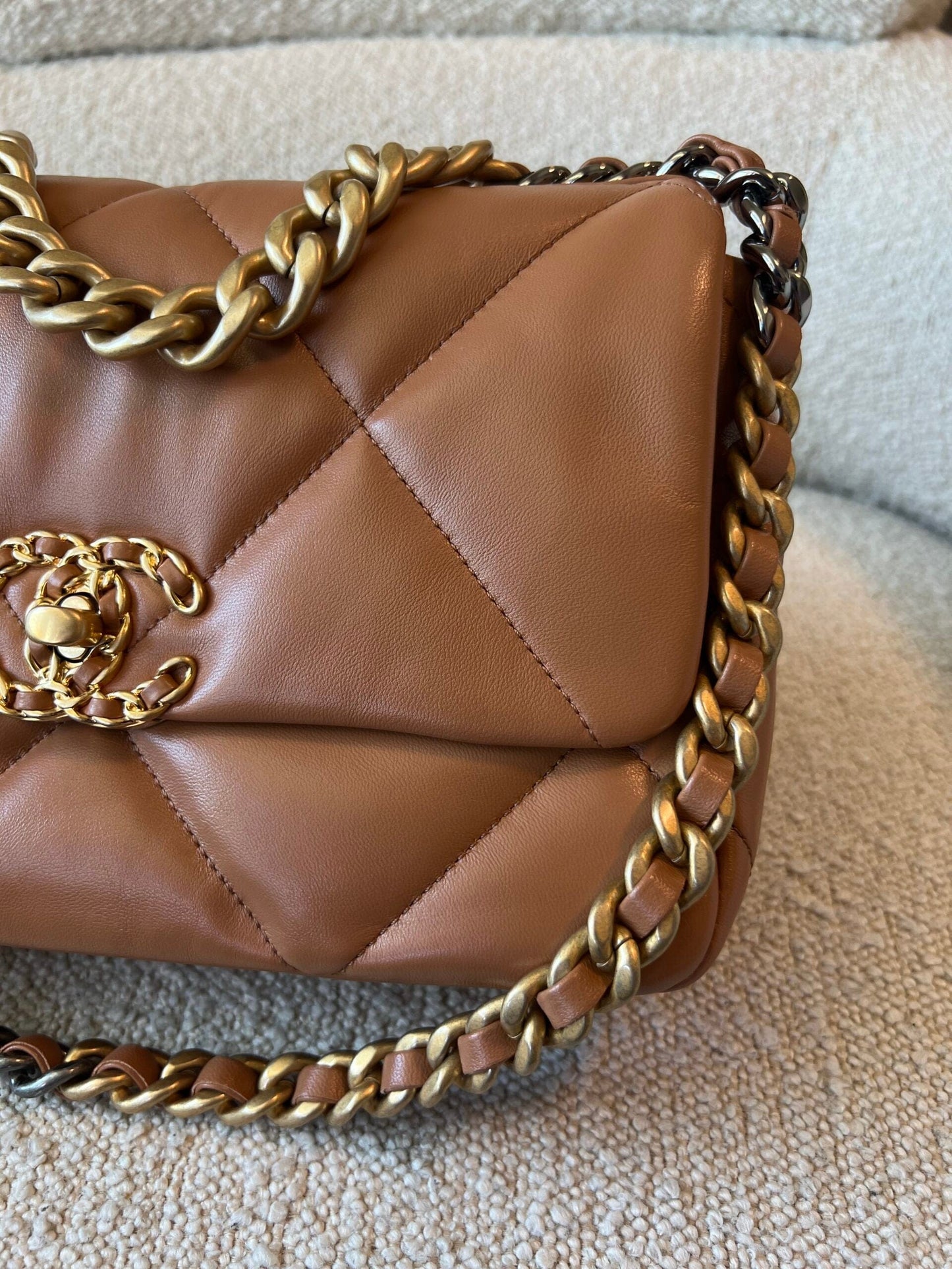 22A Caramel/Light Brown Lambskin Quilted 19 Flap Small Mixed Hardware