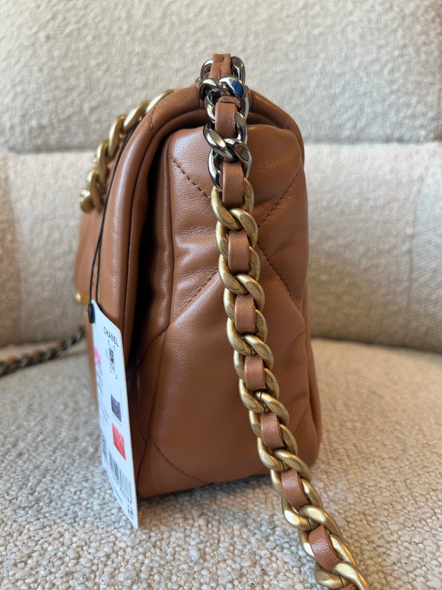 22A Caramel/Light Brown Lambskin Quilted 19 Flap Small Mixed Hardware