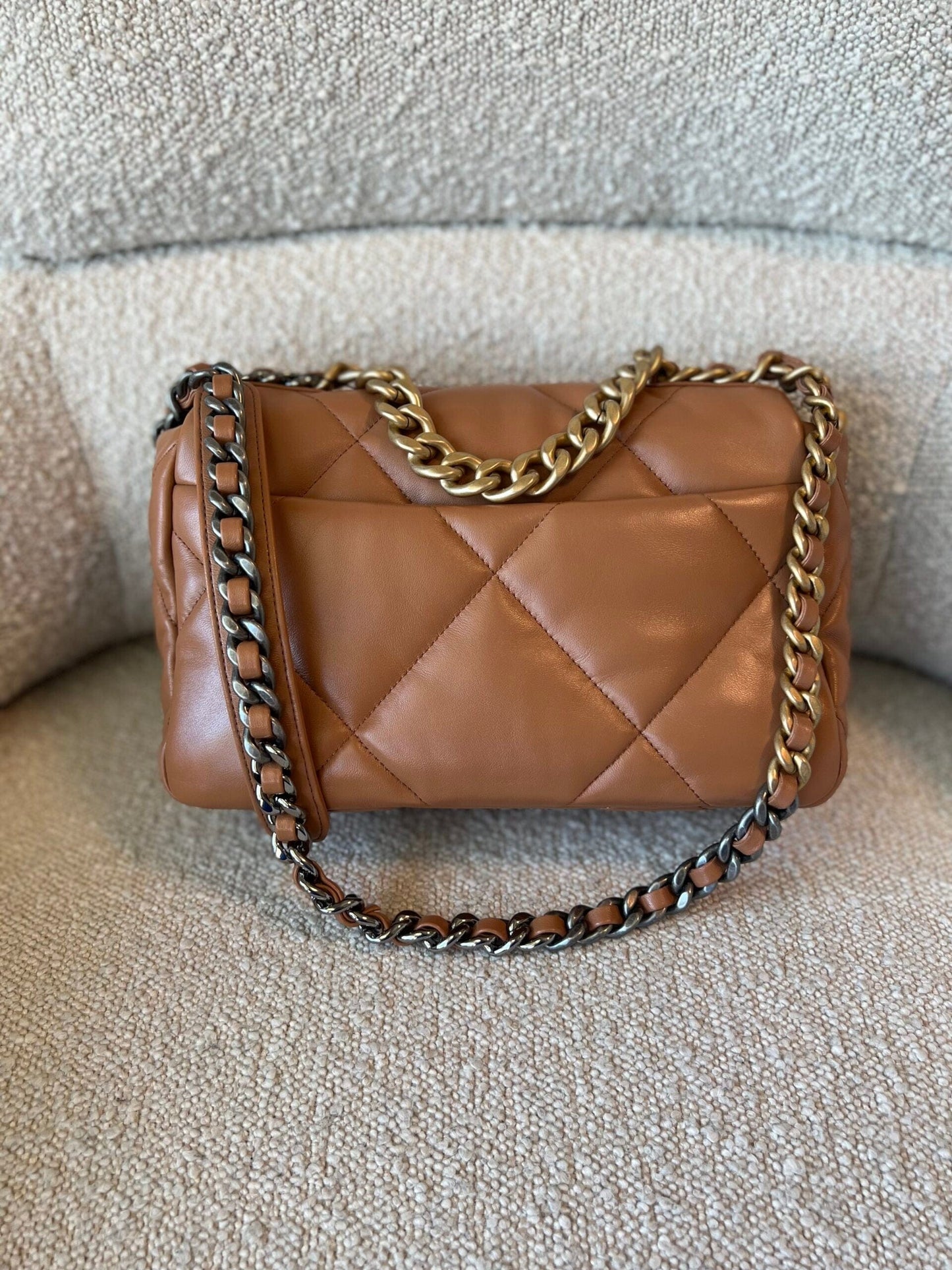 22A Caramel/Light Brown Lambskin Quilted 19 Flap Small Mixed Hardware