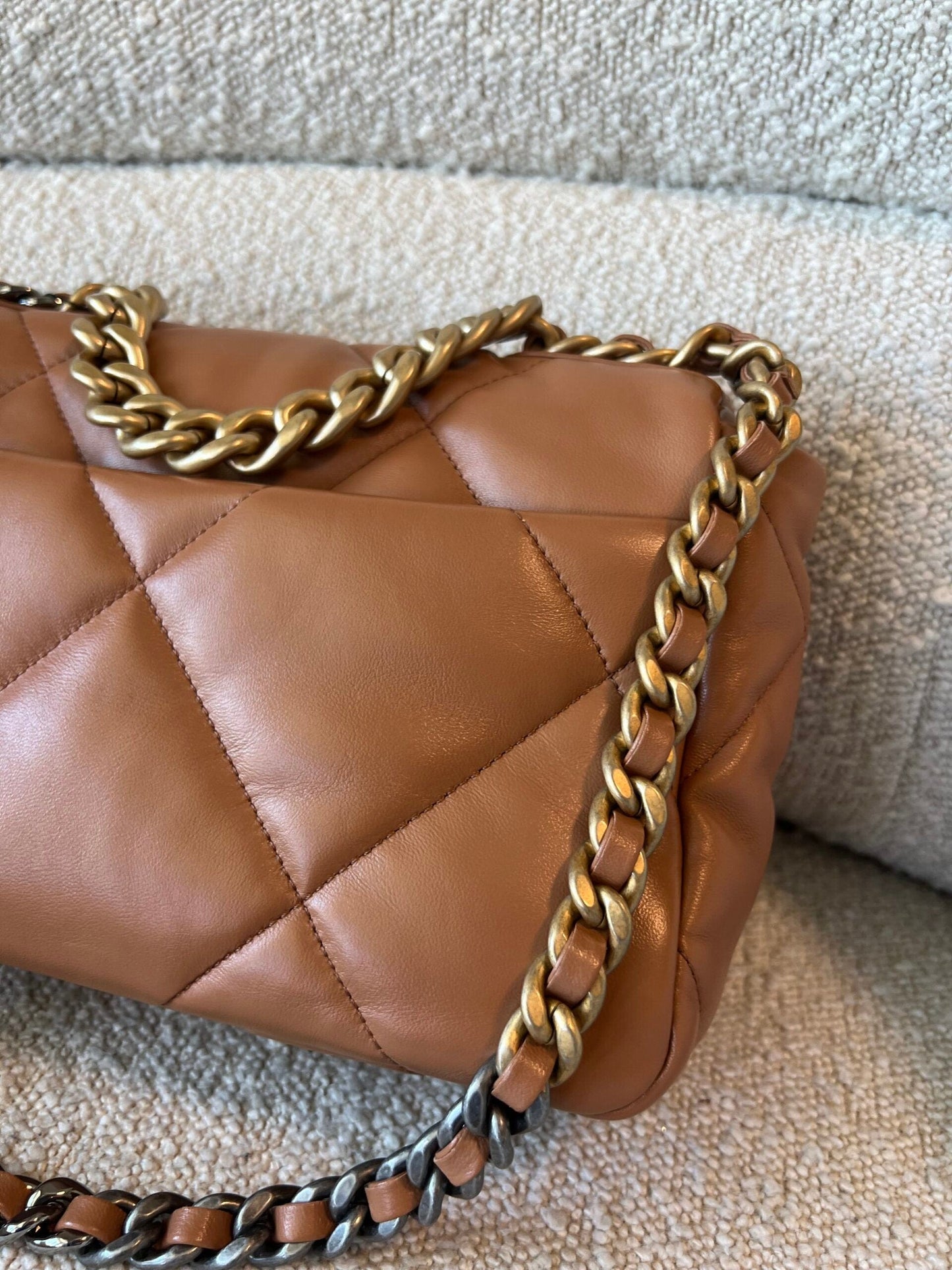 22A Caramel/Light Brown Lambskin Quilted 19 Flap Small Mixed Hardware