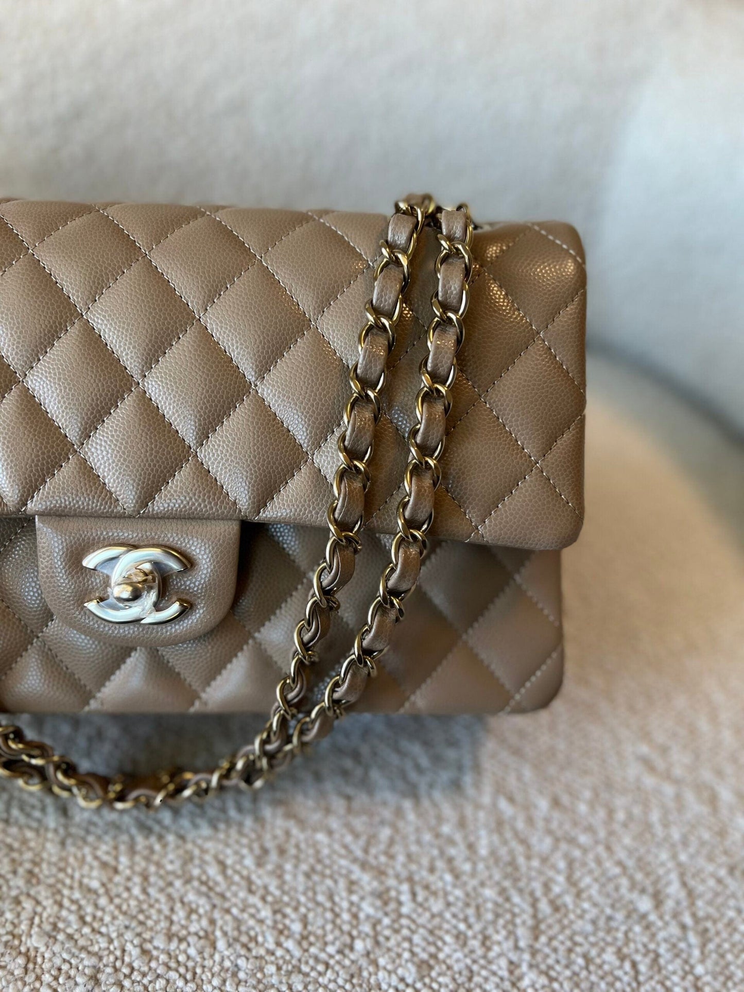 22A Dark Beige Caviar Quilted Classic Flap Medium LGHW