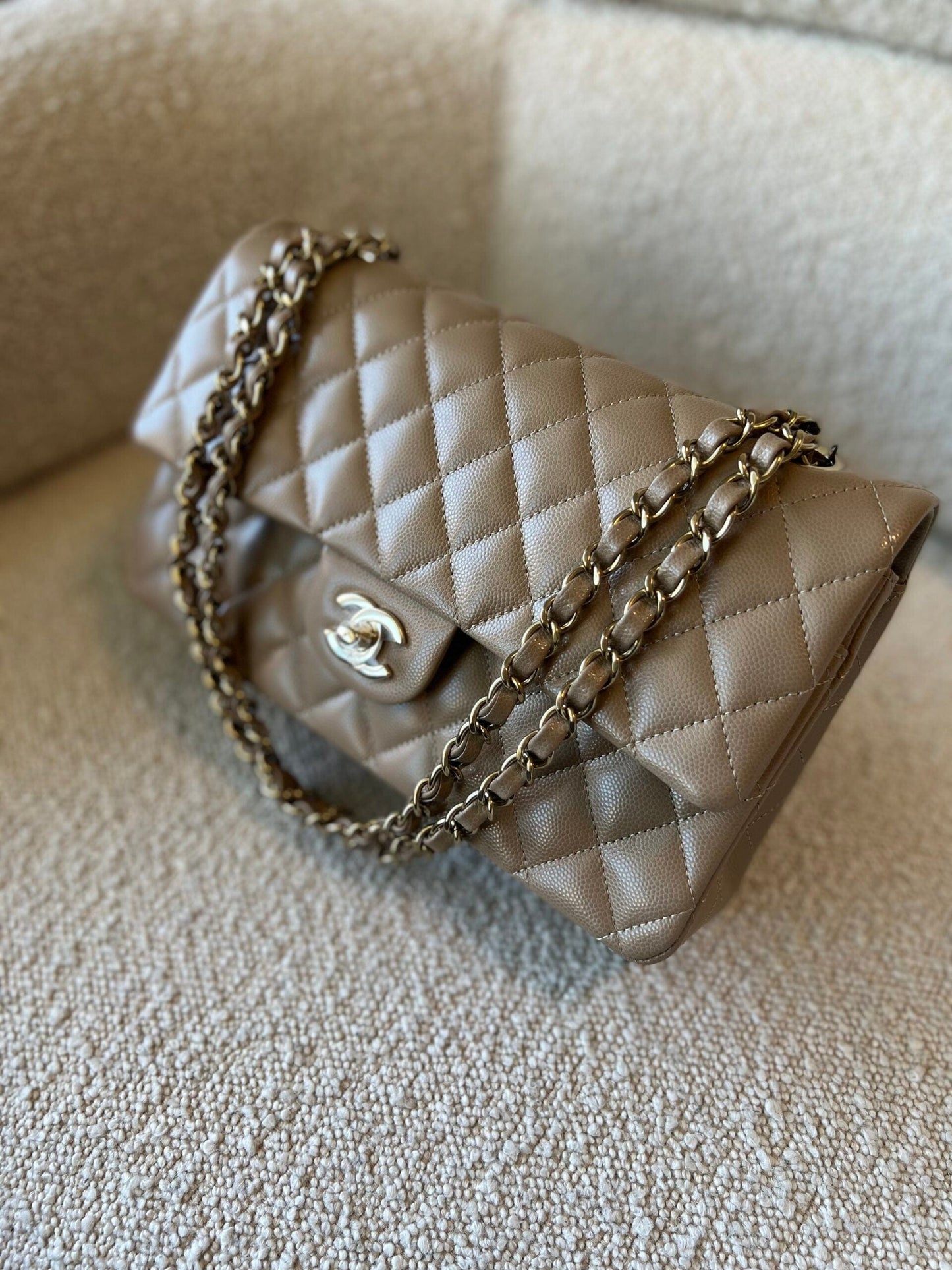 22A Dark Beige Caviar Quilted Classic Flap Medium LGHW