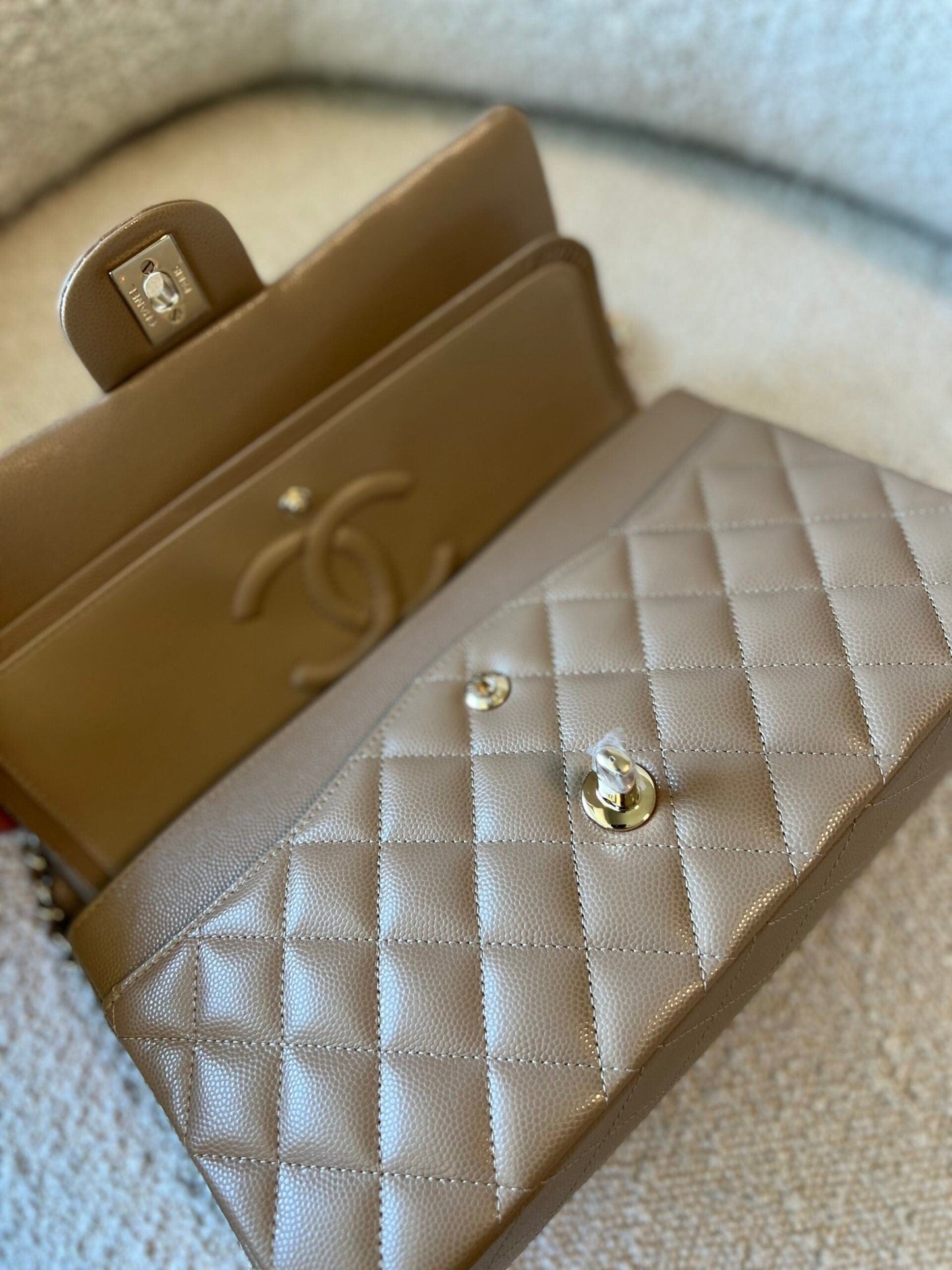 22A Dark Beige Caviar Quilted Classic Flap Medium LGHW