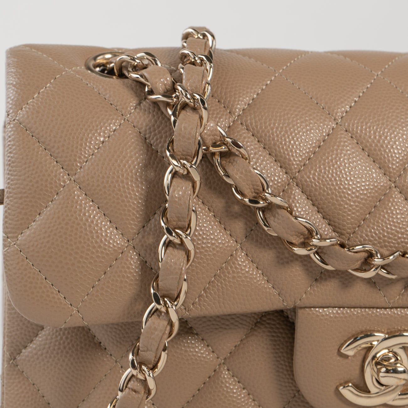 22A Dark Beige Caviar Quilted Classic Flap Small with Light Gold Hardware