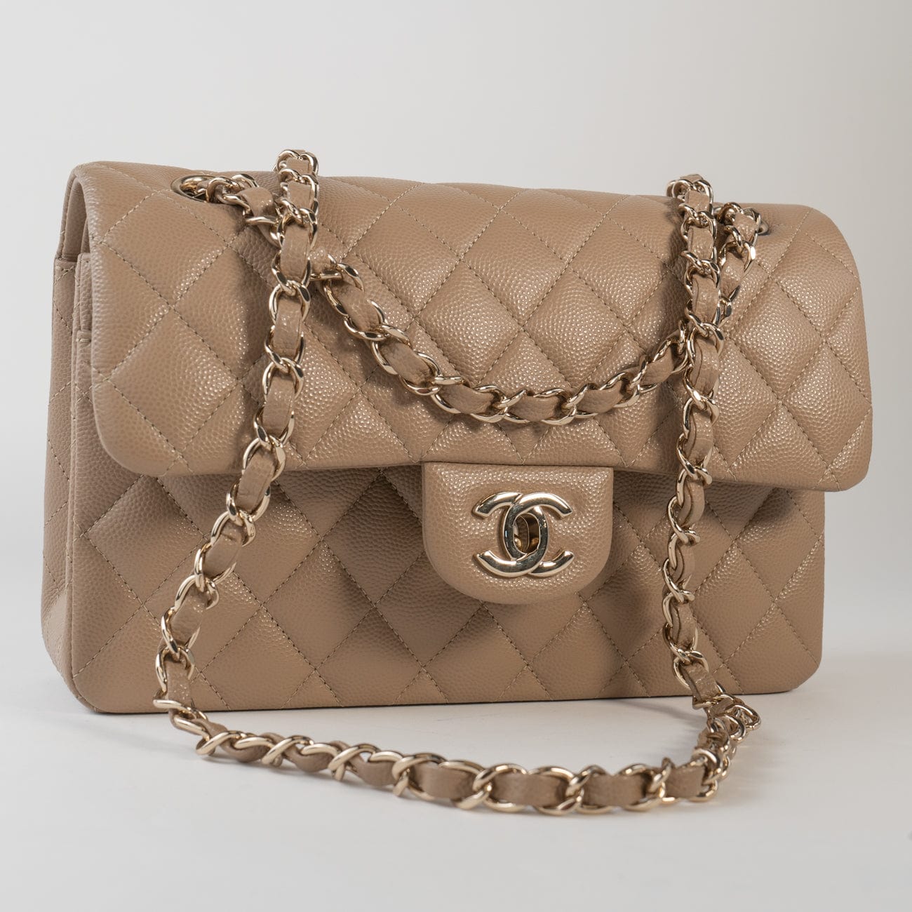 22A Dark Beige Caviar Quilted Classic Flap Small with Light Gold Hardware