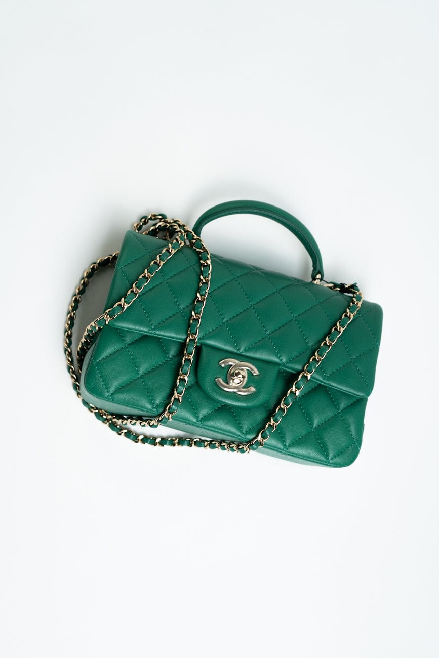 22A Emerald Green Lambskin Quilted Mini Top Handle LGHW