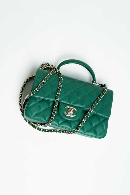 22A Emerald Green Lambskin Quilted Mini Top Handle LGHW