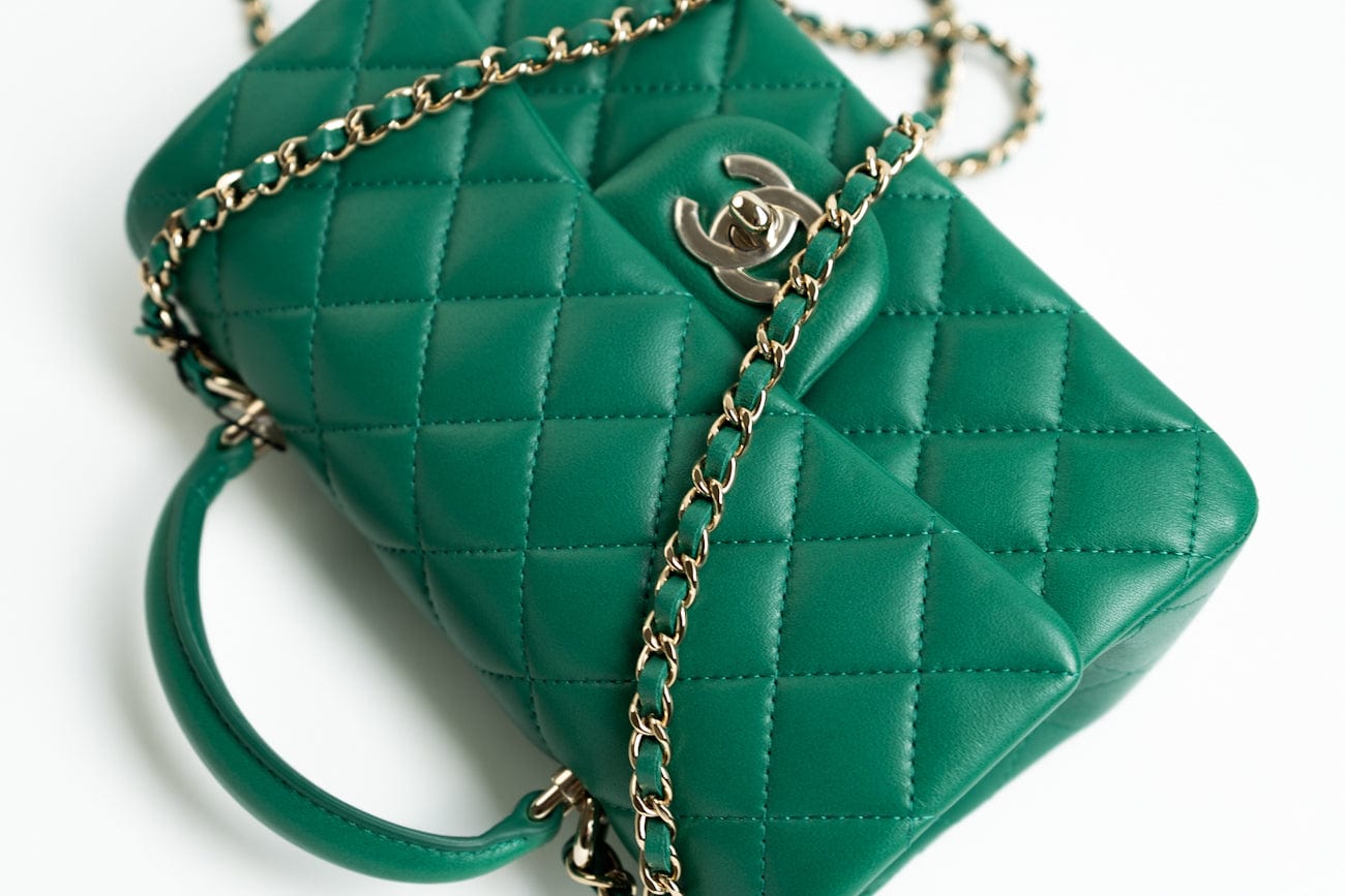 22A Emerald Green Lambskin Quilted Mini Top Handle LGHW