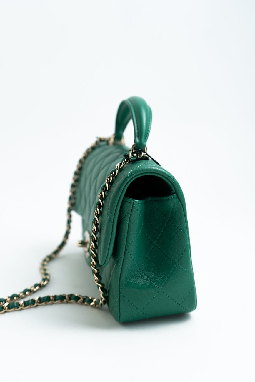 22A Emerald Green Lambskin Quilted Mini Top Handle LGHW