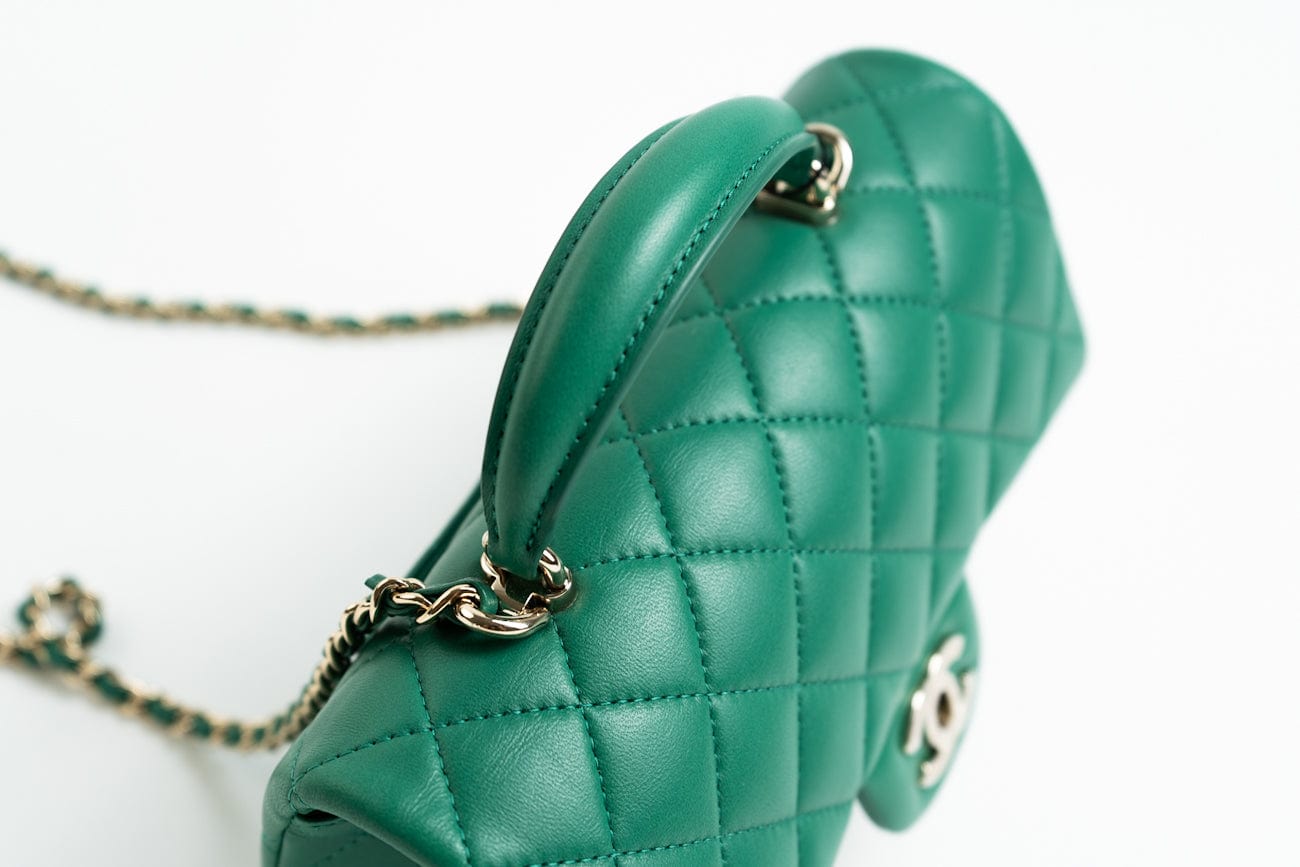 22A Emerald Green Lambskin Quilted Mini Top Handle LGHW