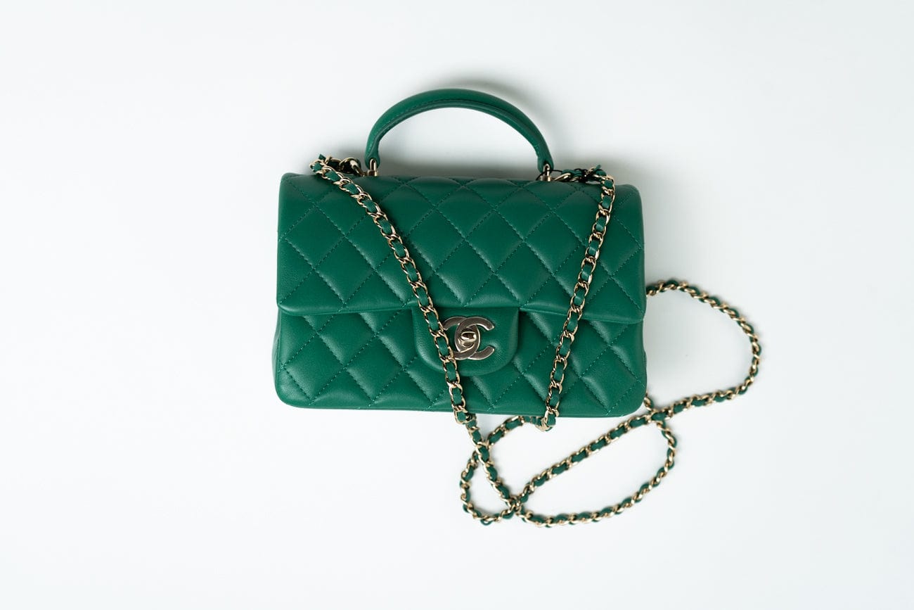22A Emerald Green Lambskin Quilted Mini Top Handle LGHW