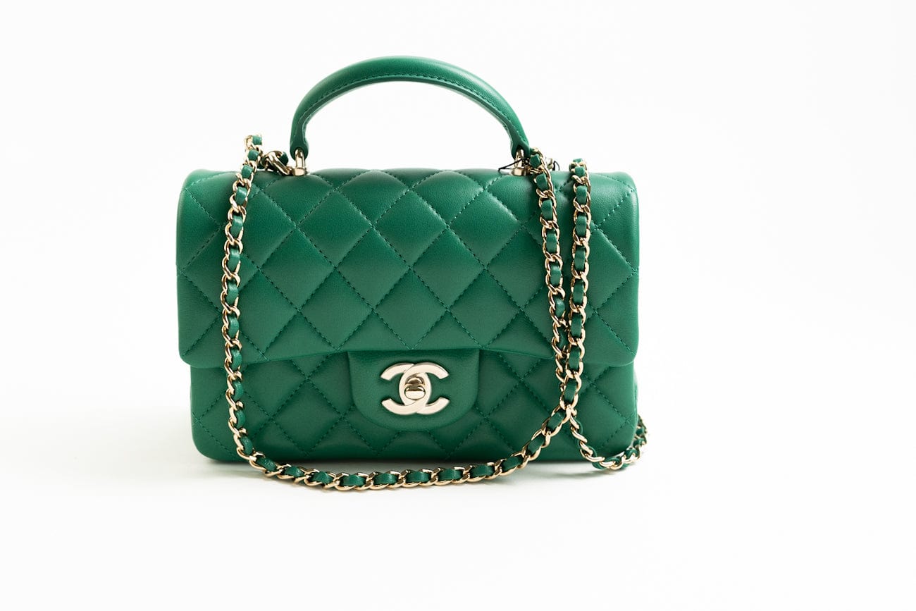 22A Emerald Green Lambskin Quilted Mini Top Handle LGHW