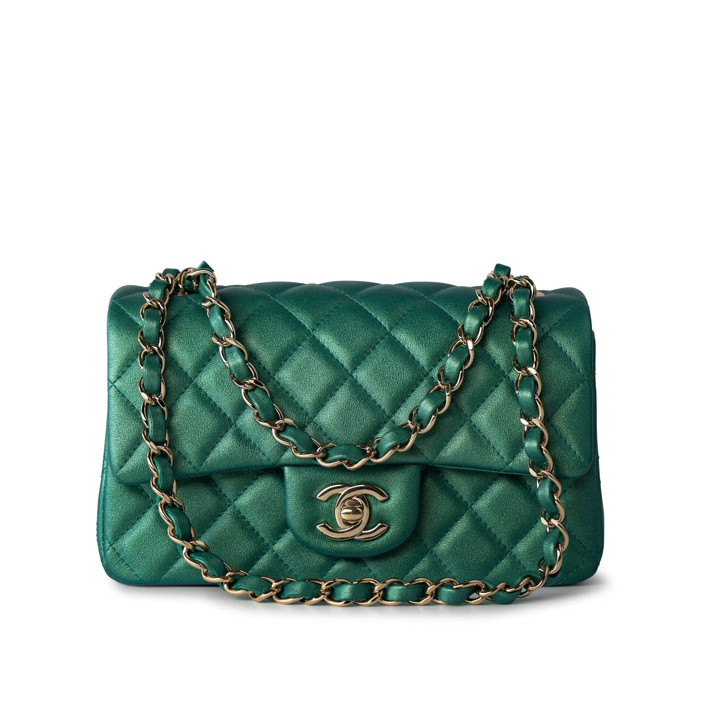 22A Iridescent Green Lambskin Quilted Mini Rectangular Single Flap Light Gold Hardware