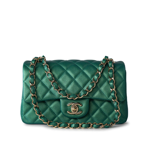 22A Iridescent Green Lambskin Quilted Mini Rectangular Single Flap Light Gold Hardware