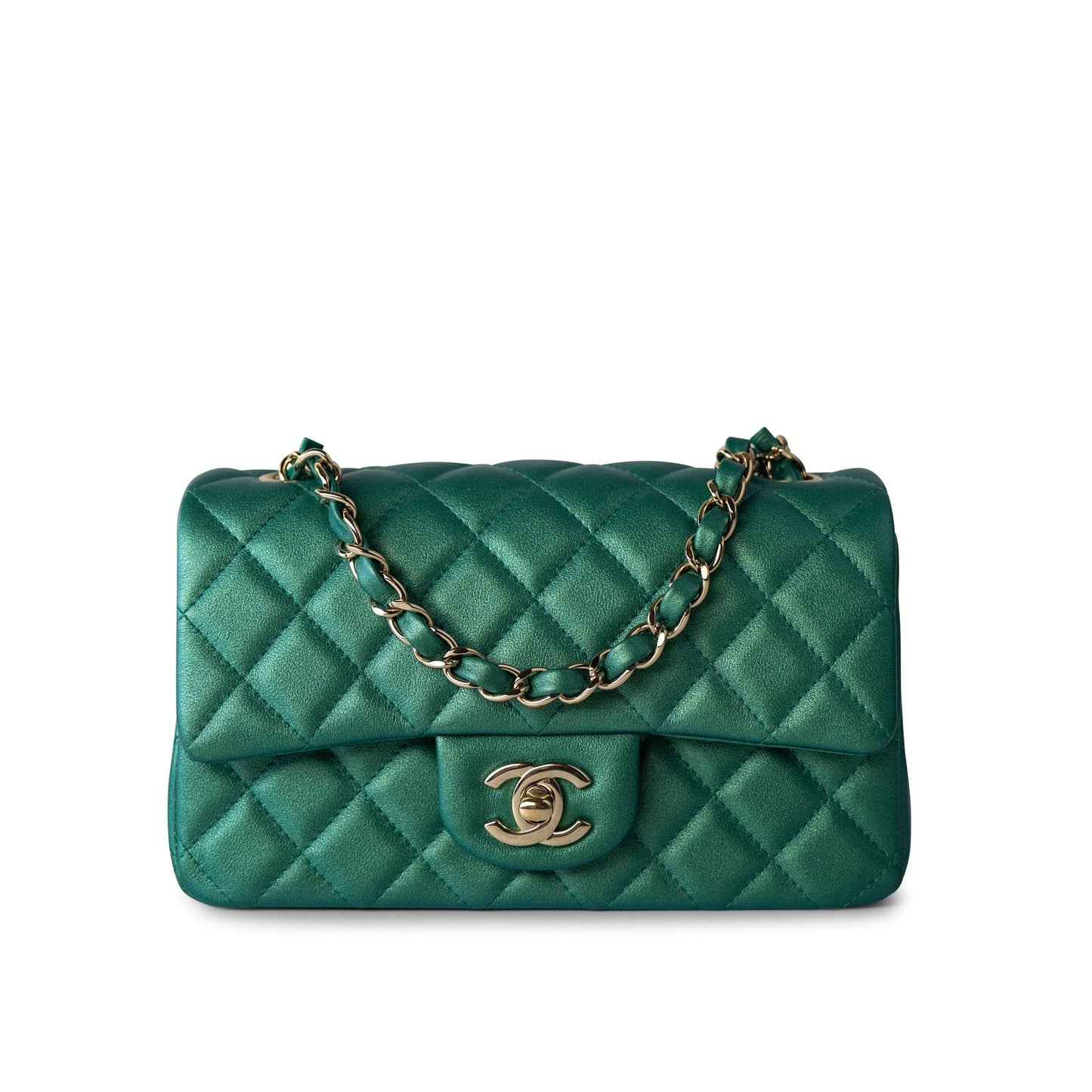 22A Iridescent Green Lambskin Quilted Mini Rectangular Single Flap Light Gold Hardware
