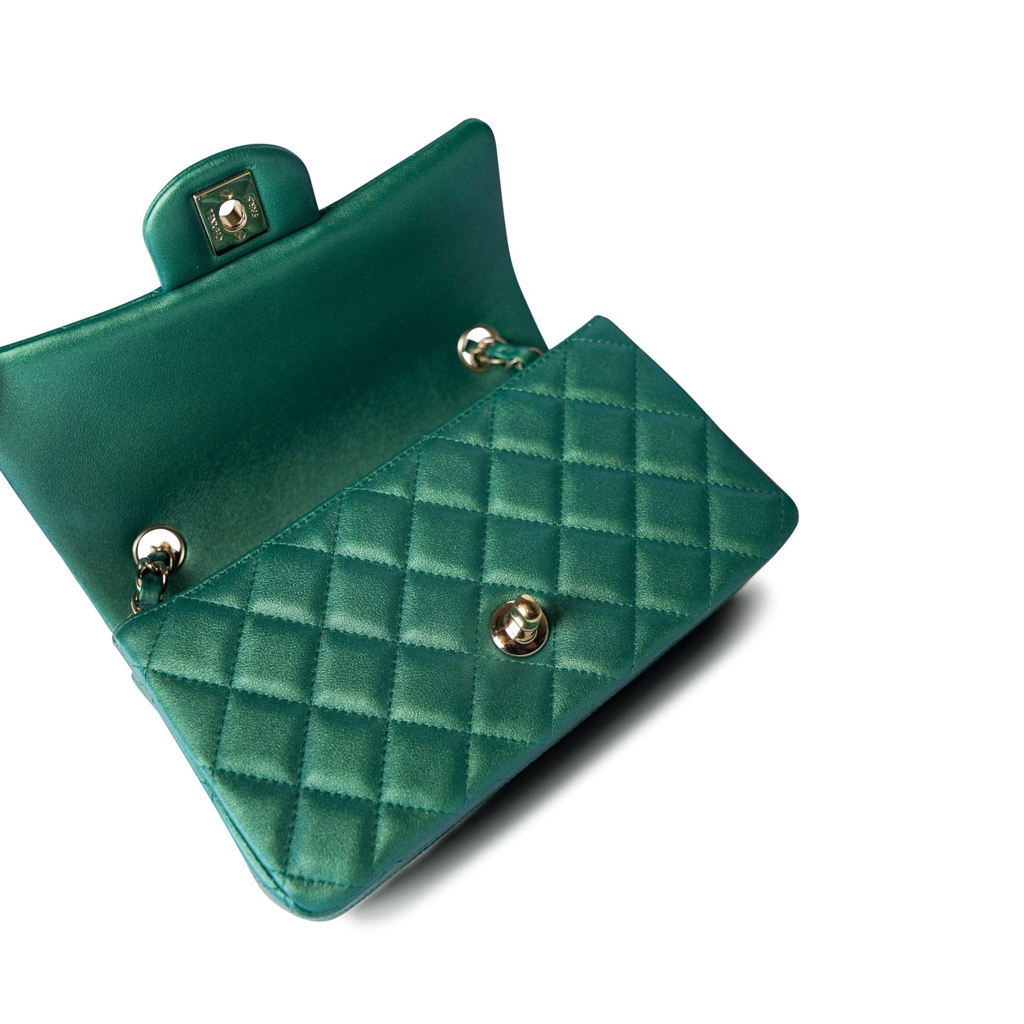 22A Iridescent Green Lambskin Quilted Mini Rectangular Single Flap Light Gold Hardware