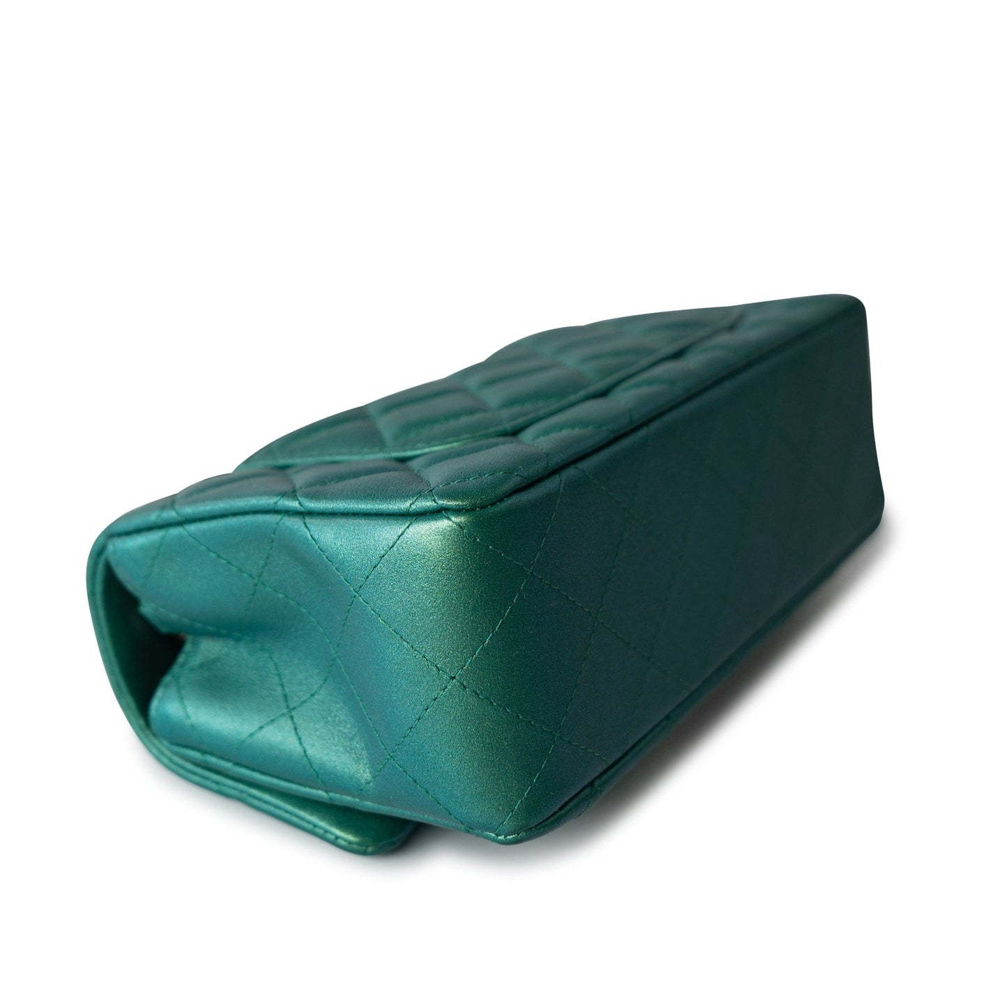 22A Iridescent Green Lambskin Quilted Mini Rectangular Single Flap Light Gold Hardware