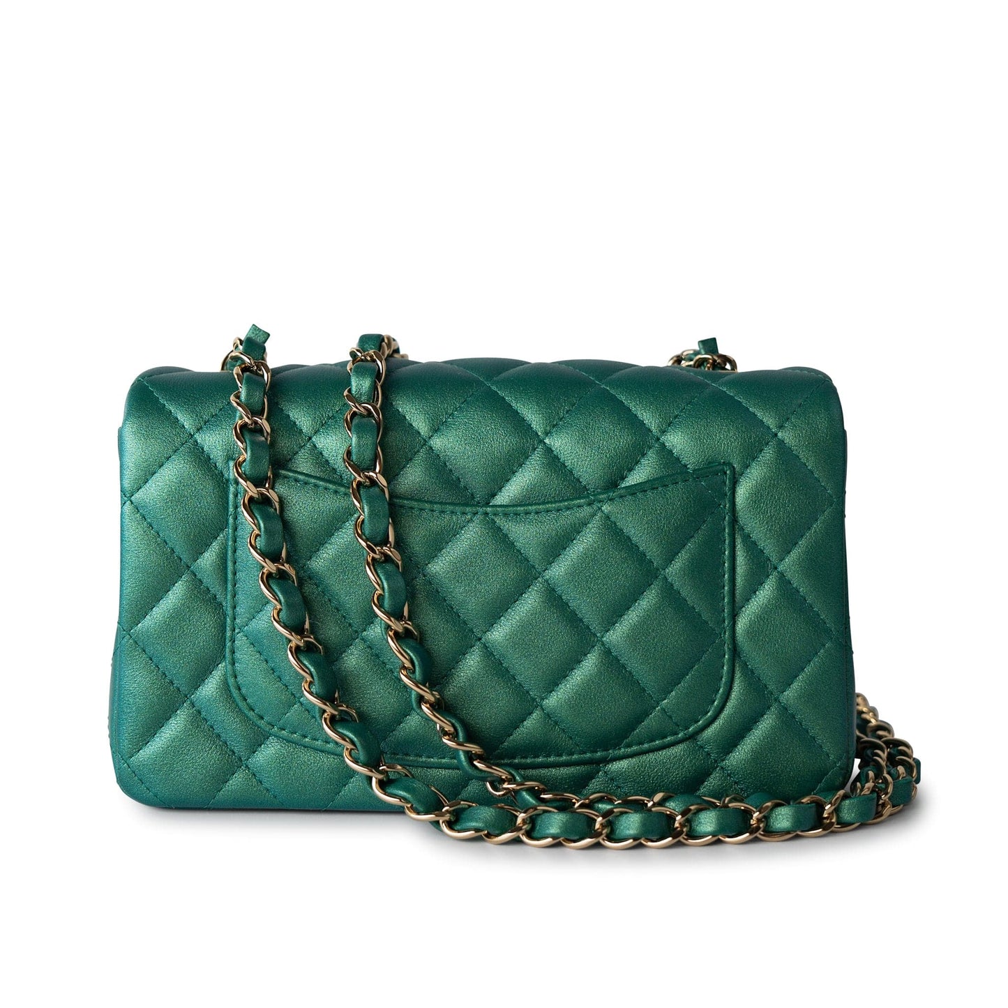 22A Iridescent Green Lambskin Quilted Mini Rectangular Single Flap Light Gold Hardware