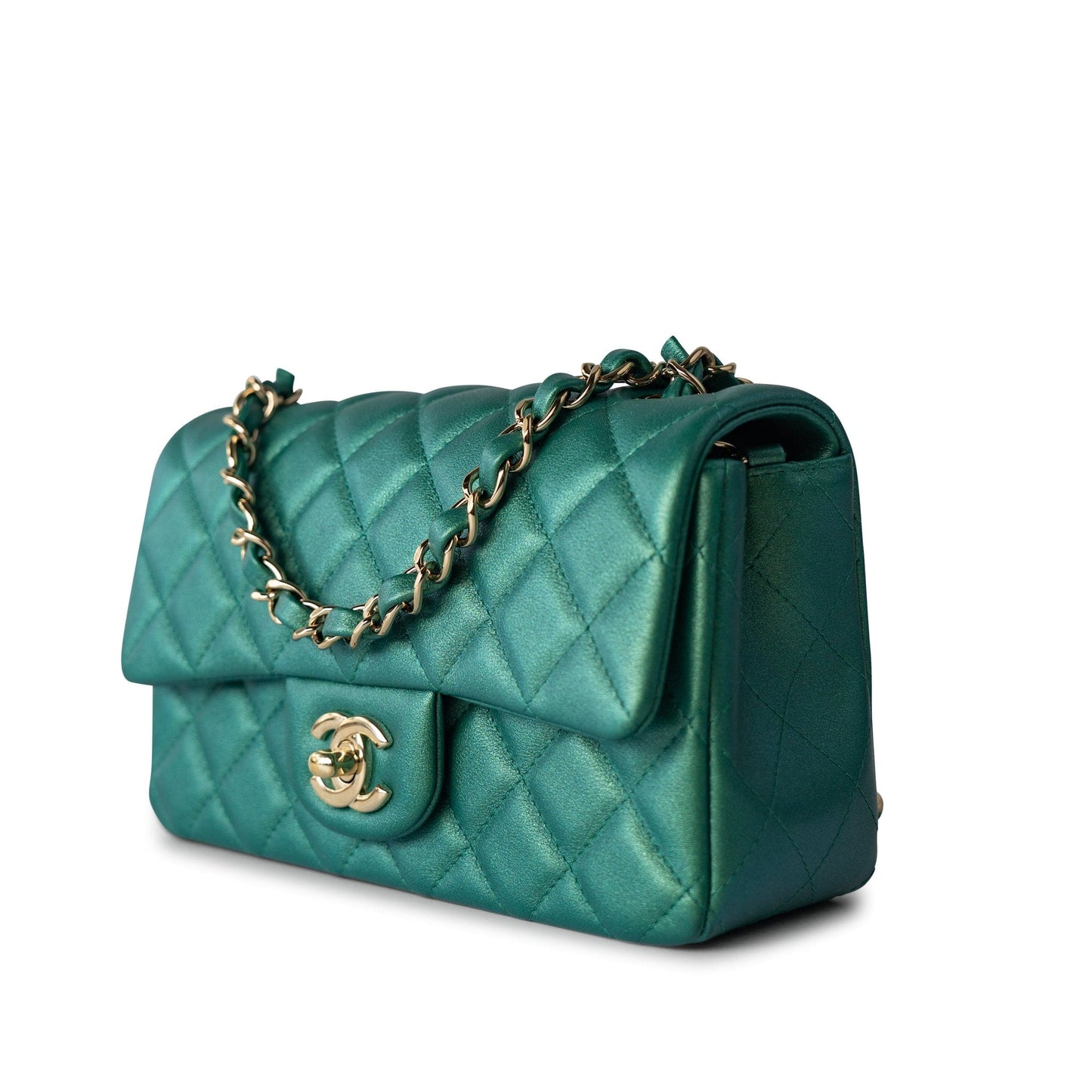 22A Iridescent Green Lambskin Quilted Mini Rectangular Single Flap Light Gold Hardware