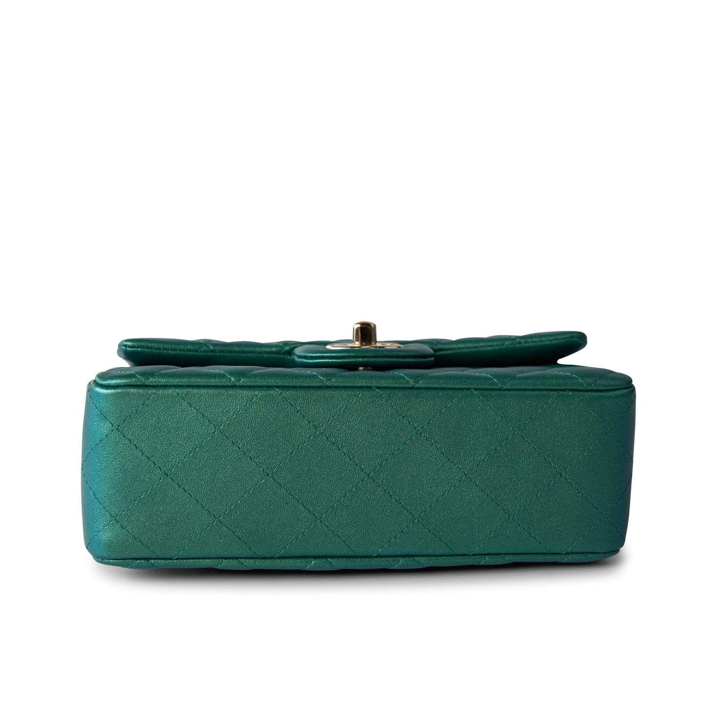 22A Iridescent Green Lambskin Quilted Mini Rectangular Single Flap Light Gold Hardware
