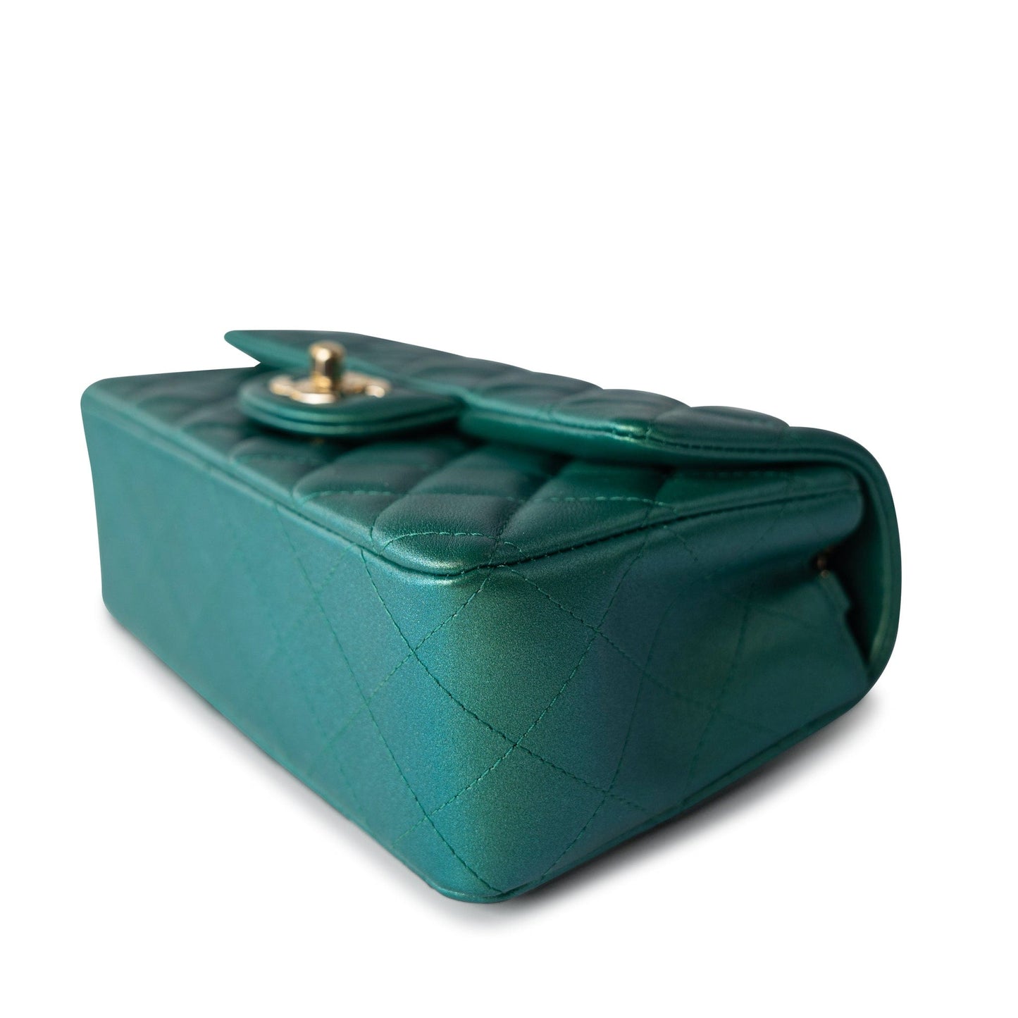 22A Iridescent Green Lambskin Quilted Mini Rectangular Single Flap Light Gold Hardware