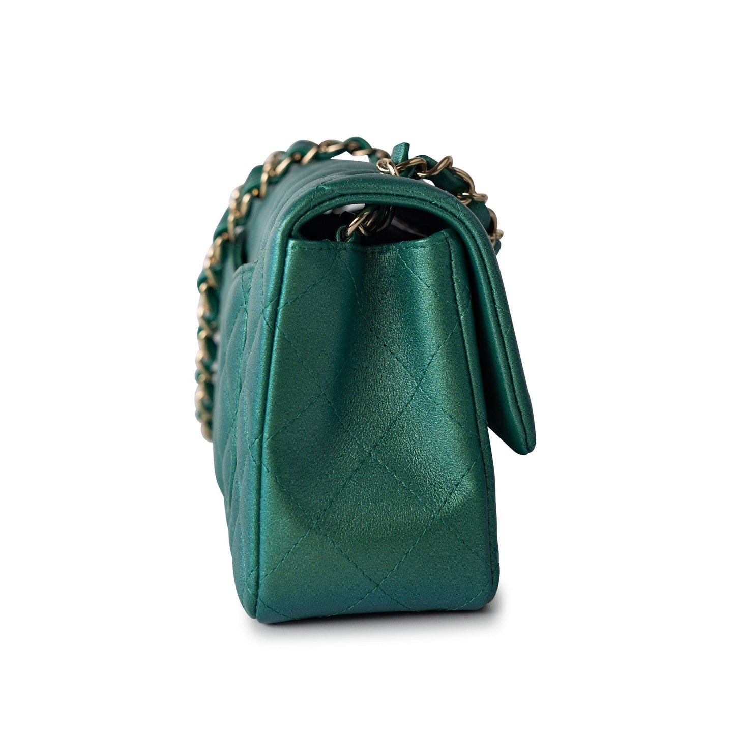 22A Iridescent Green Lambskin Quilted Mini Rectangular Single Flap Light Gold Hardware