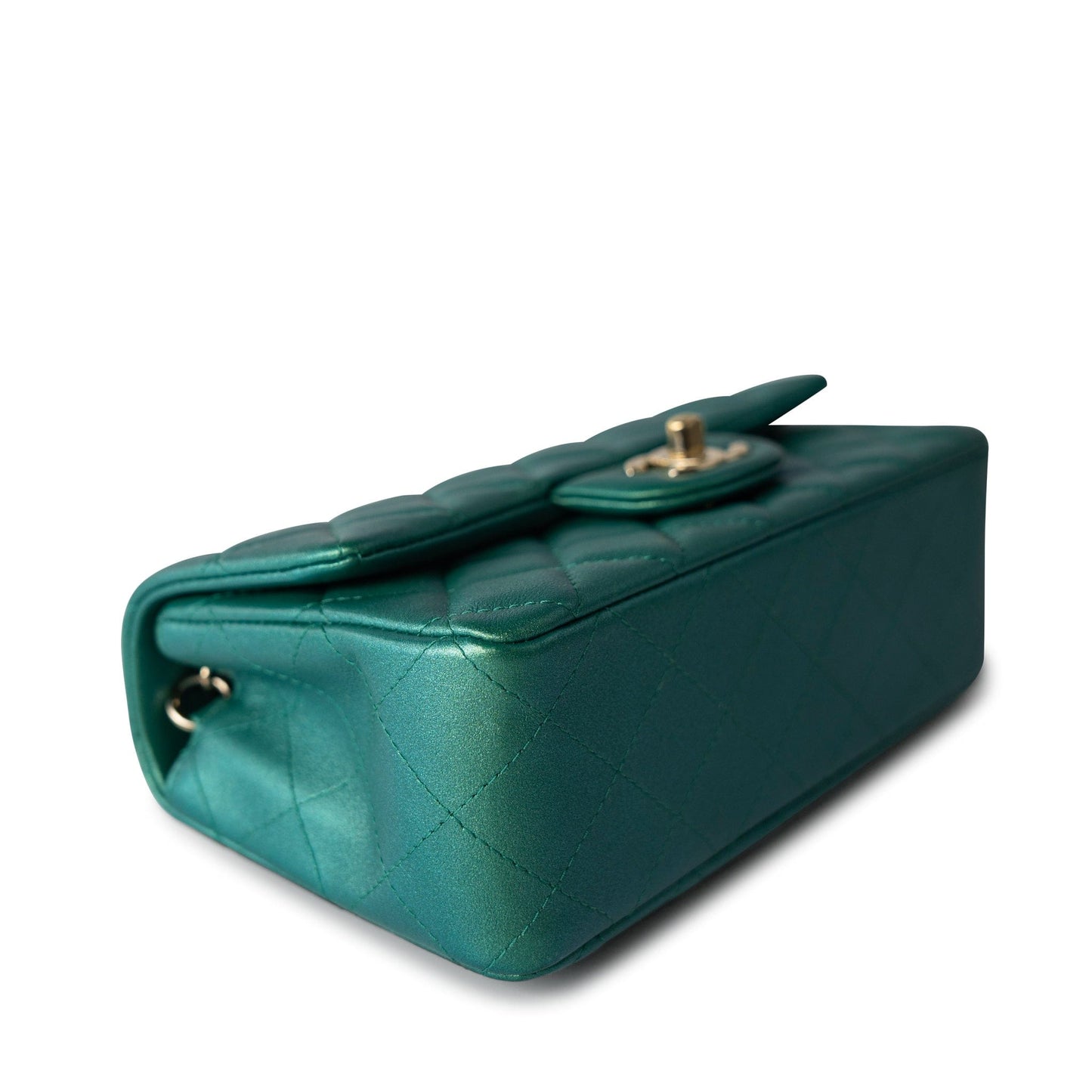 22A Iridescent Green Lambskin Quilted Mini Rectangular Single Flap Light Gold Hardware