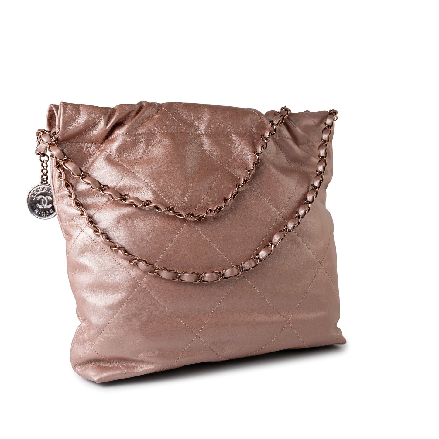 22A Metallic Pink / Rose Calfskin Quilted 22 Bag Drawstring Bag Small Rose Gold Hardware