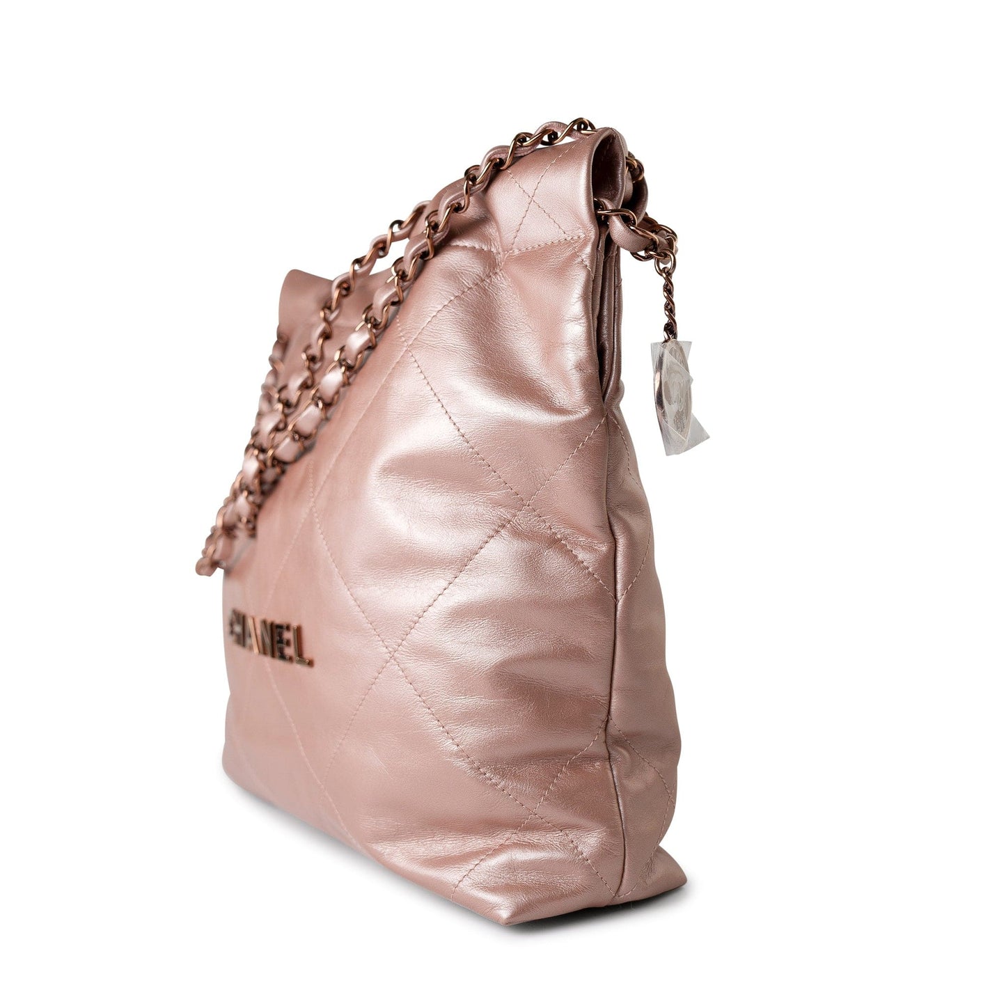 22A Metallic Pink / Rose Calfskin Quilted 22 Bag Drawstring Bag Small Rose Gold Hardware