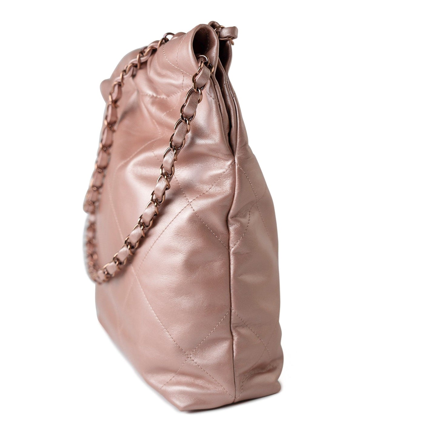 22A Metallic Pink / Rose Calfskin Quilted 22 Bag Drawstring Bag Small Rose Gold Hardware