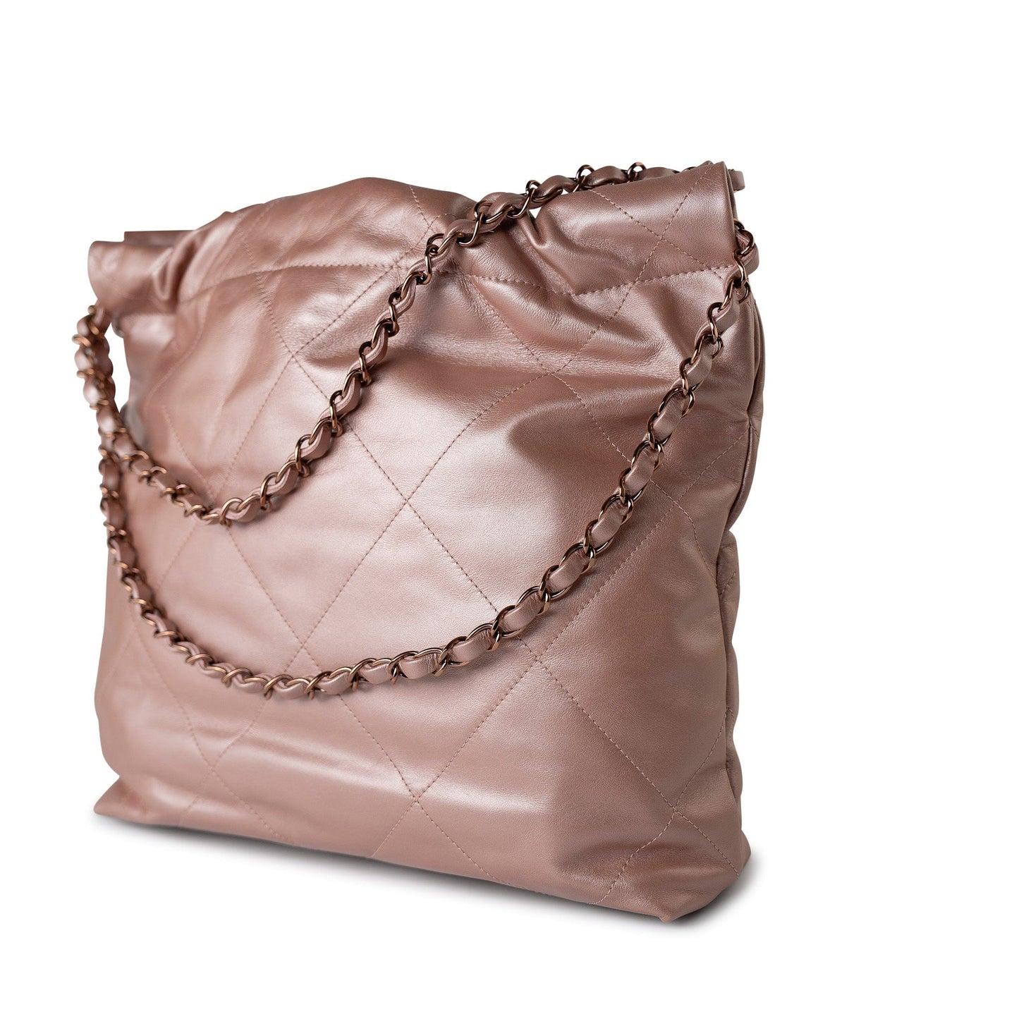 22A Metallic Pink / Rose Calfskin Quilted 22 Bag Drawstring Bag Small Rose Gold Hardware
