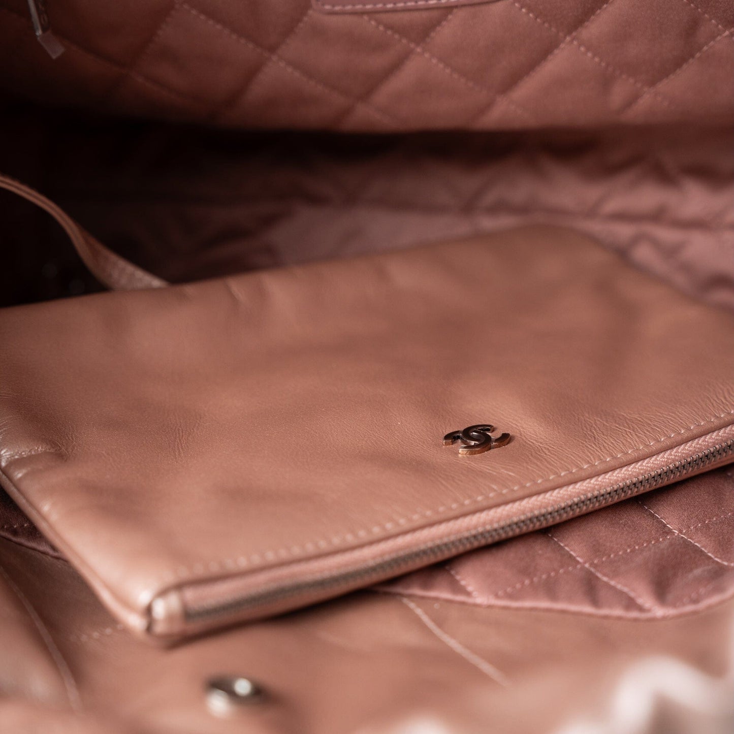 22A Metallic Pink / Rose Calfskin Quilted 22 Bag Drawstring Bag Small Rose Gold Hardware