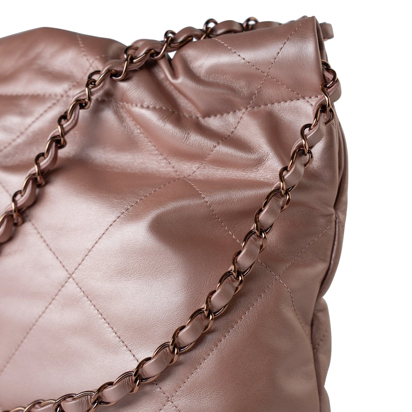 22A Metallic Pink / Rose Calfskin Quilted 22 Bag Drawstring Bag Small Rose Gold Hardware