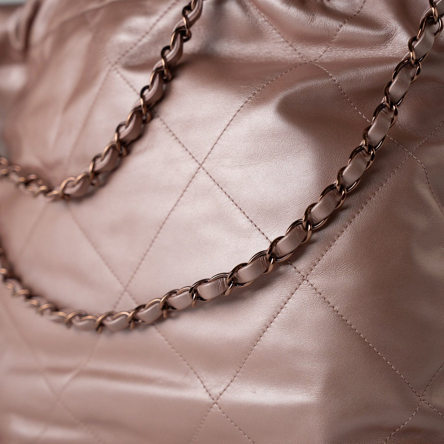 22A Metallic Pink / Rose Calfskin Quilted 22 Bag Drawstring Bag Small Rose Gold Hardware