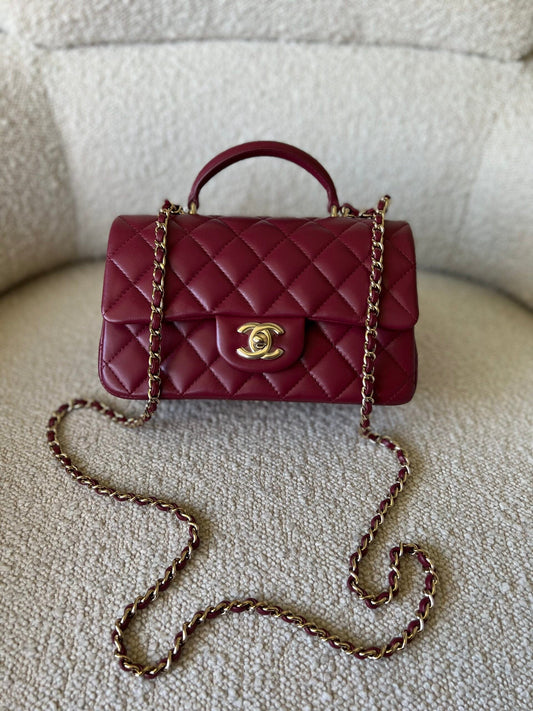 22A Mini Burgundy Lambskin Quilted Single Flap with Top handle Light Gold Hardware