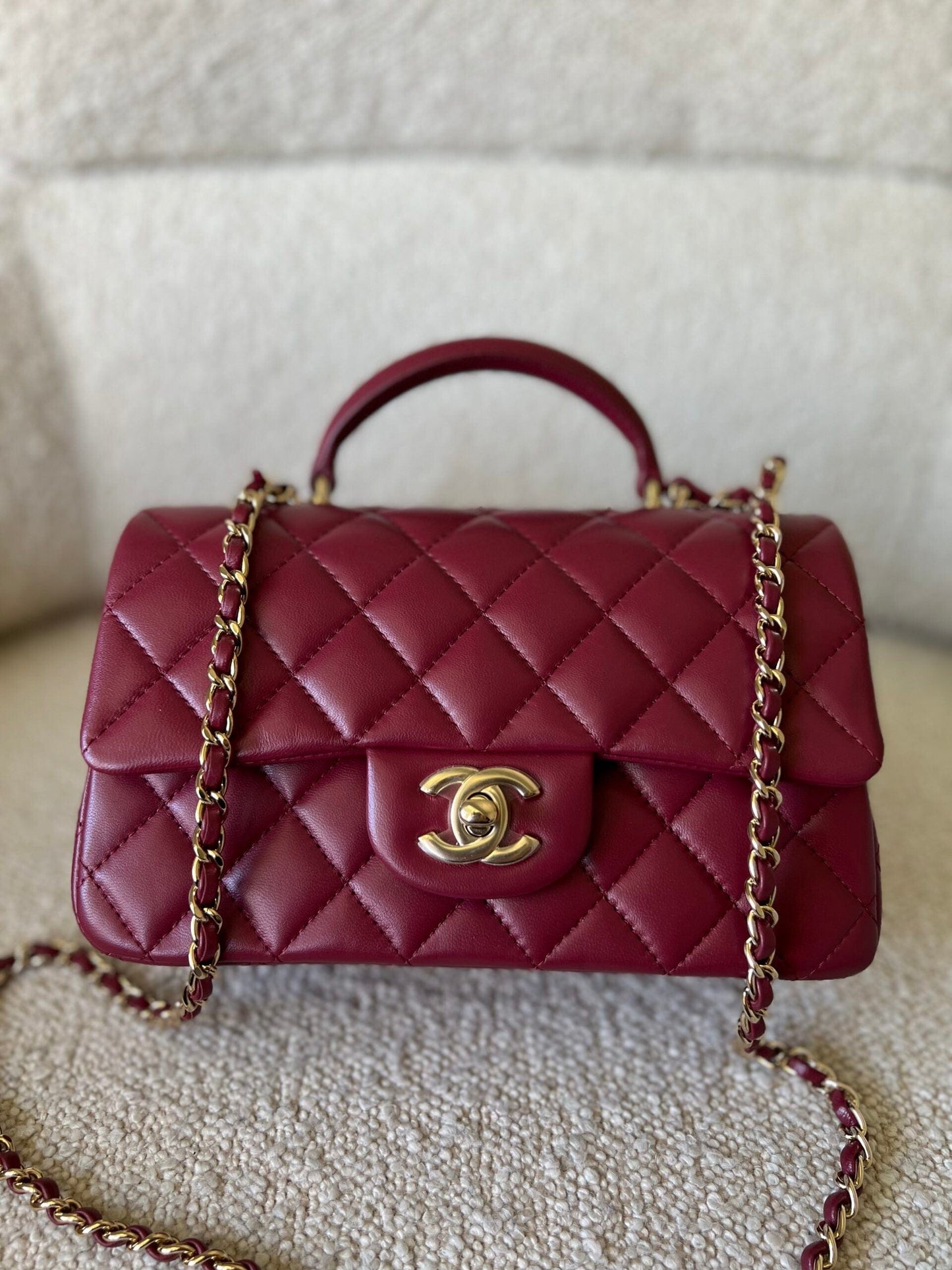 22A Mini Burgundy Lambskin Quilted Single Flap with Top handle Light Gold Hardware