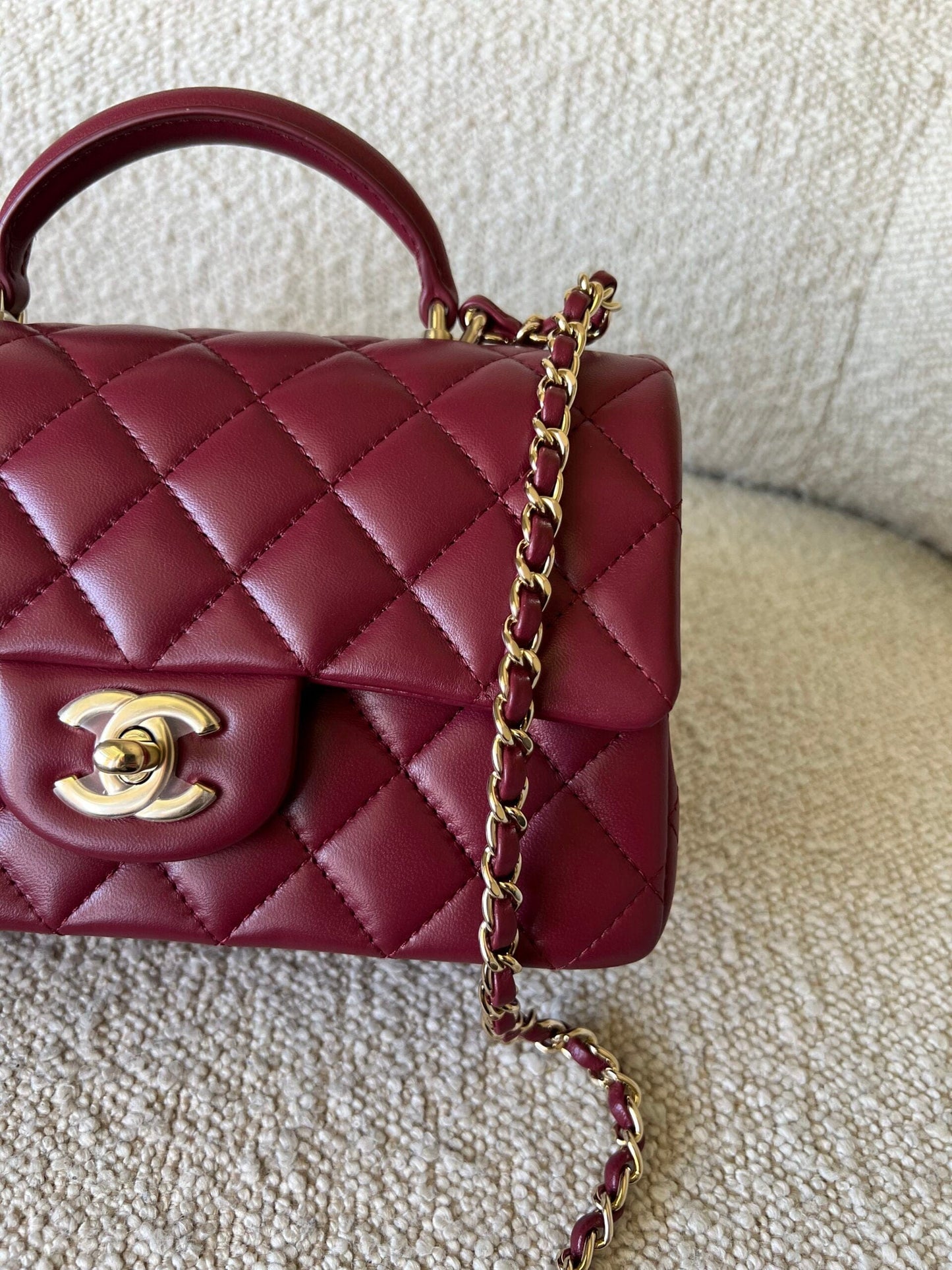 22A Mini Burgundy Lambskin Quilted Single Flap with Top handle Light Gold Hardware