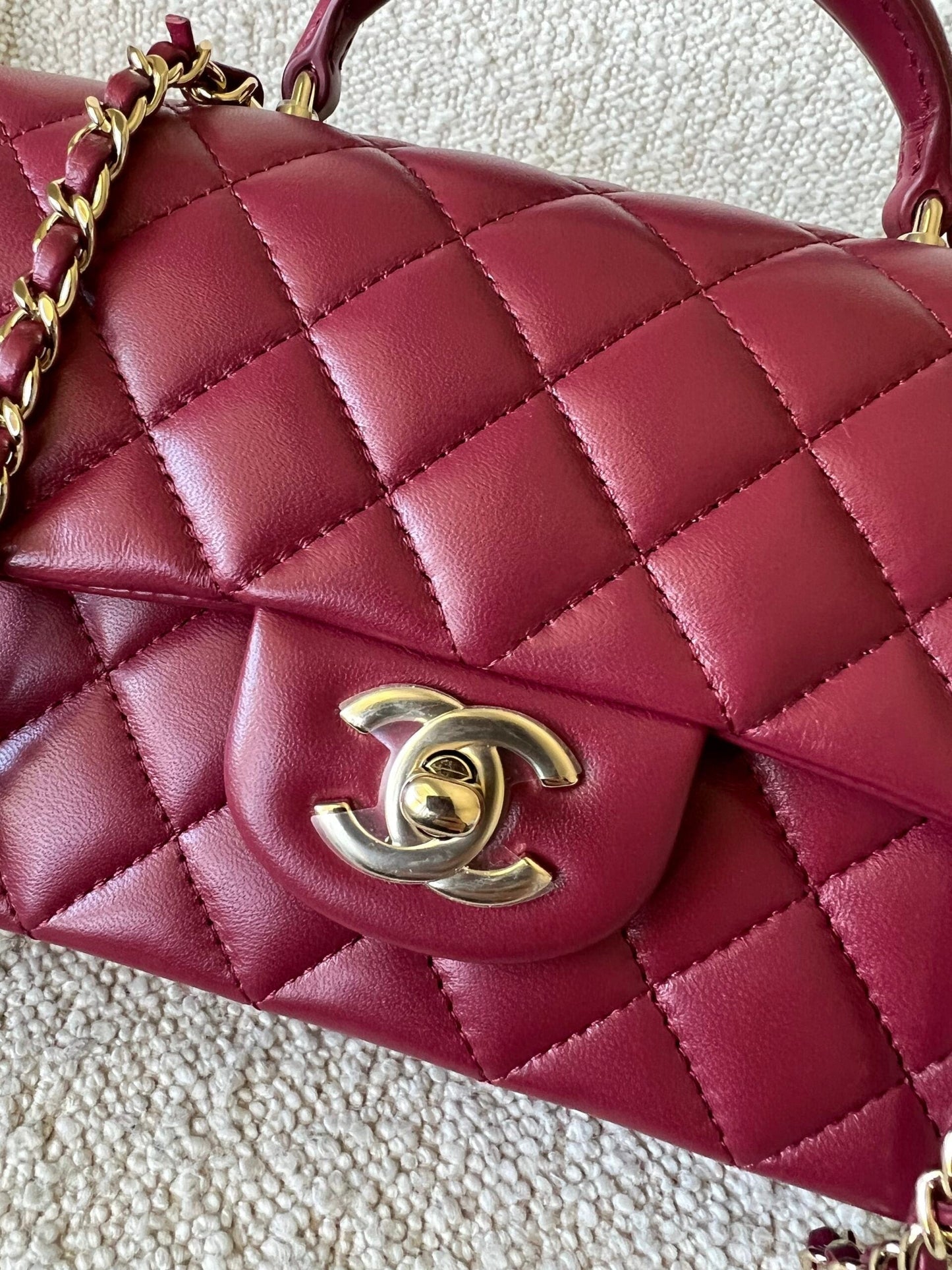 22A Mini Burgundy Lambskin Quilted Single Flap with Top handle Light Gold Hardware