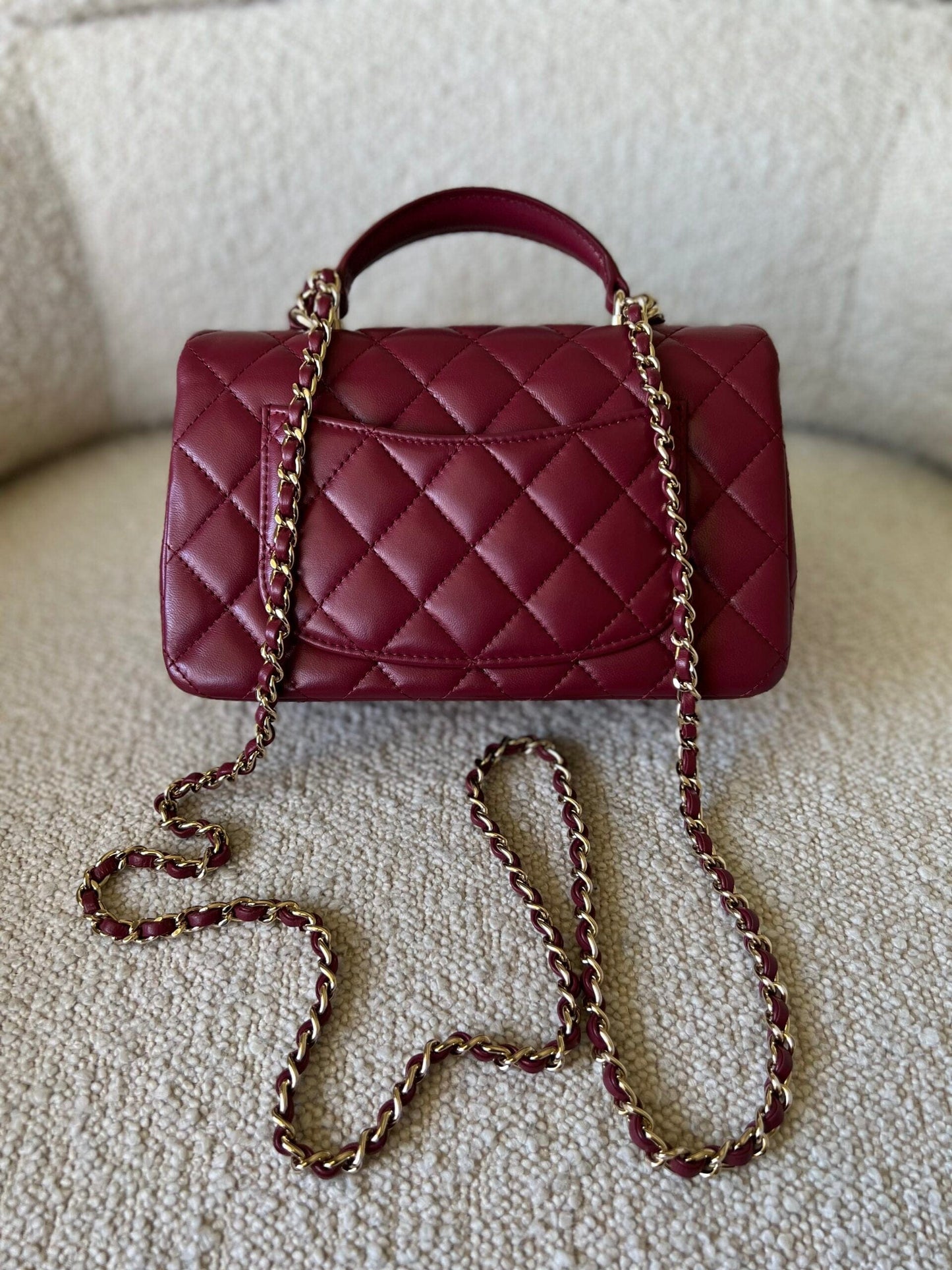 22A Mini Burgundy Lambskin Quilted Single Flap with Top handle Light Gold Hardware