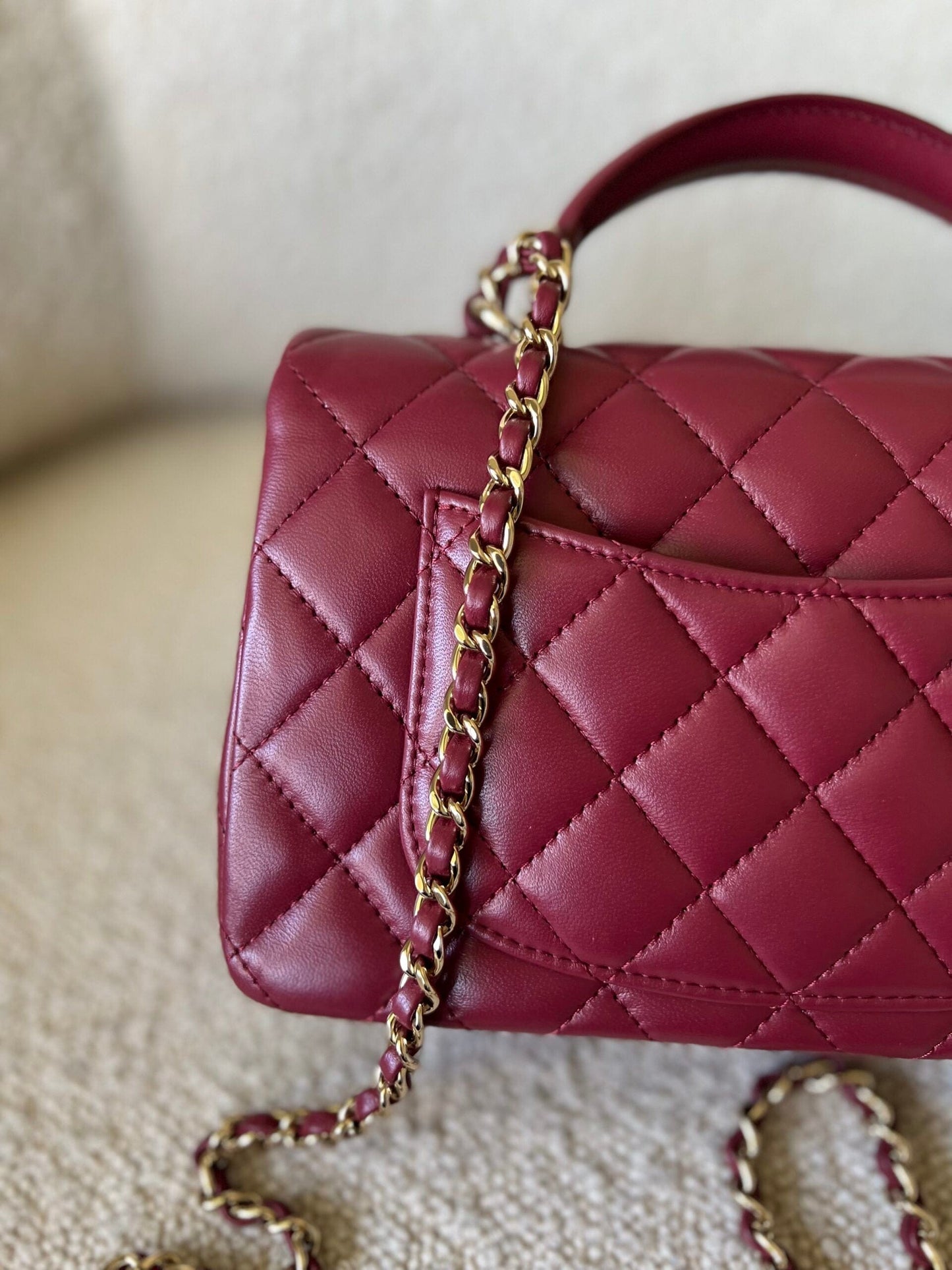 22A Mini Burgundy Lambskin Quilted Single Flap with Top handle Light Gold Hardware