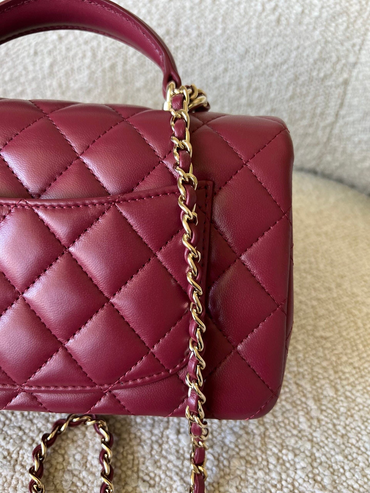 22A Mini Burgundy Lambskin Quilted Single Flap with Top handle Light Gold Hardware